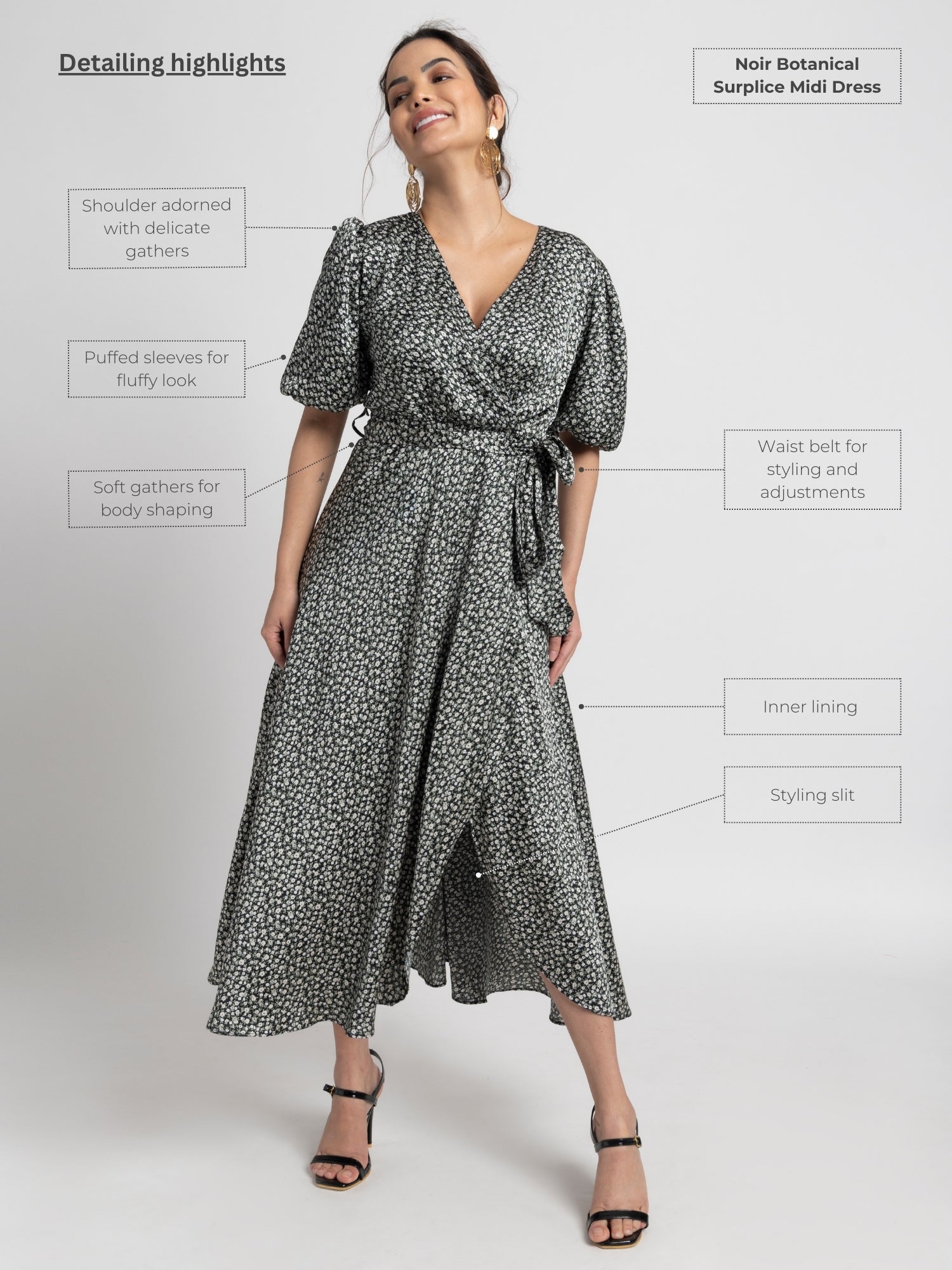 Noir Botanical Surplice Midi Dress