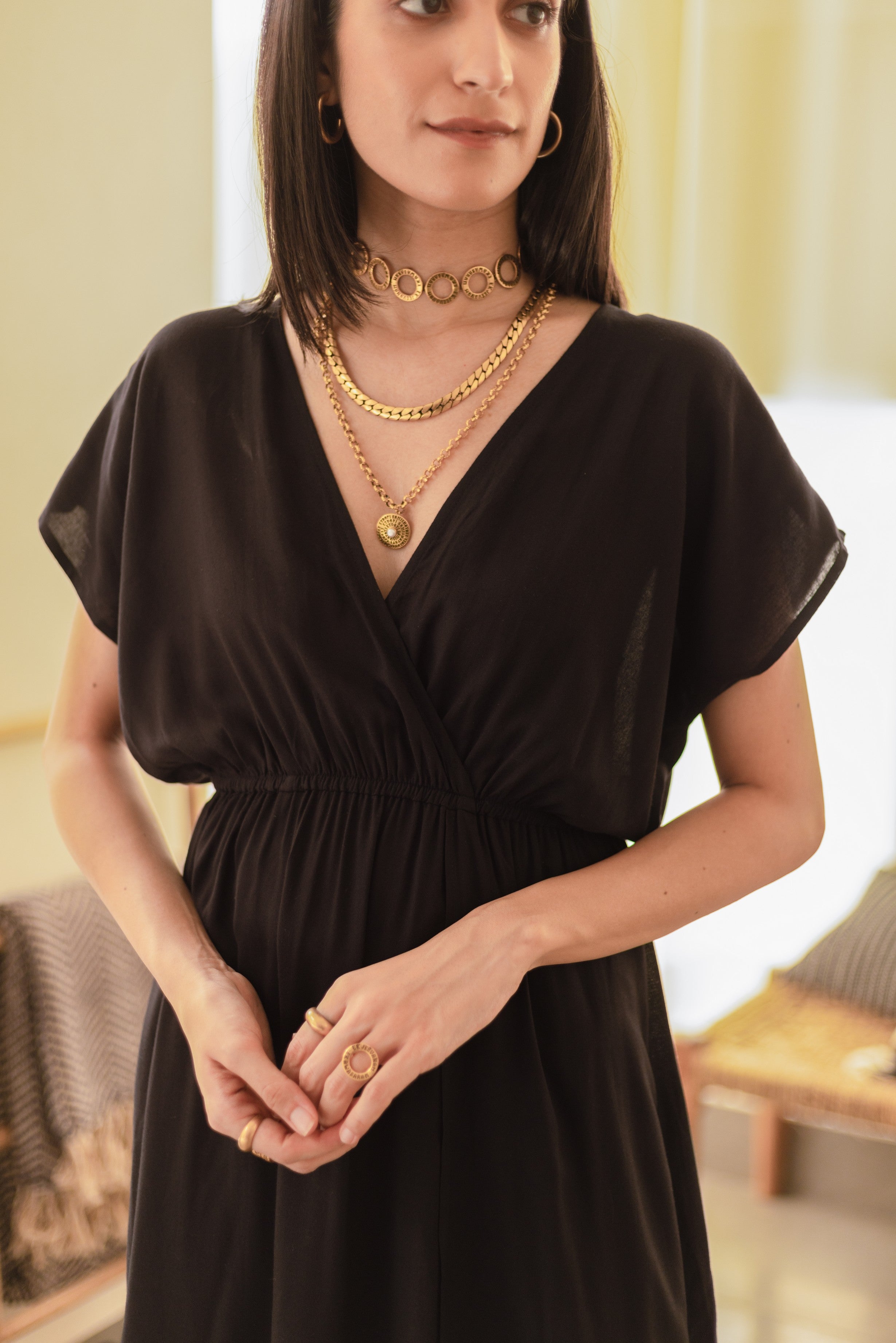 Black Rayon Midi Dress with Slit