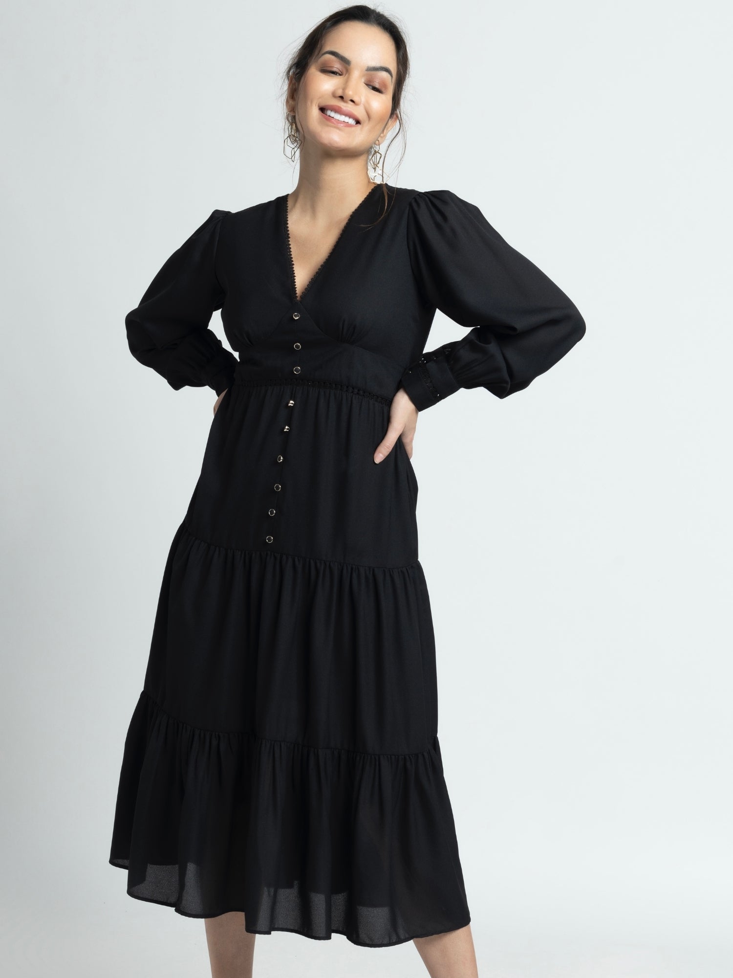Midnight Black V Midi Dress