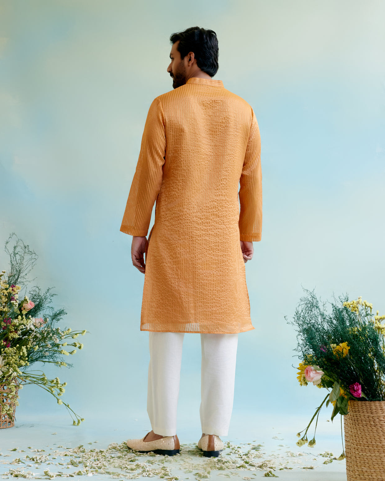 Marigold Petal Crushed Stripe Tissue Kurta