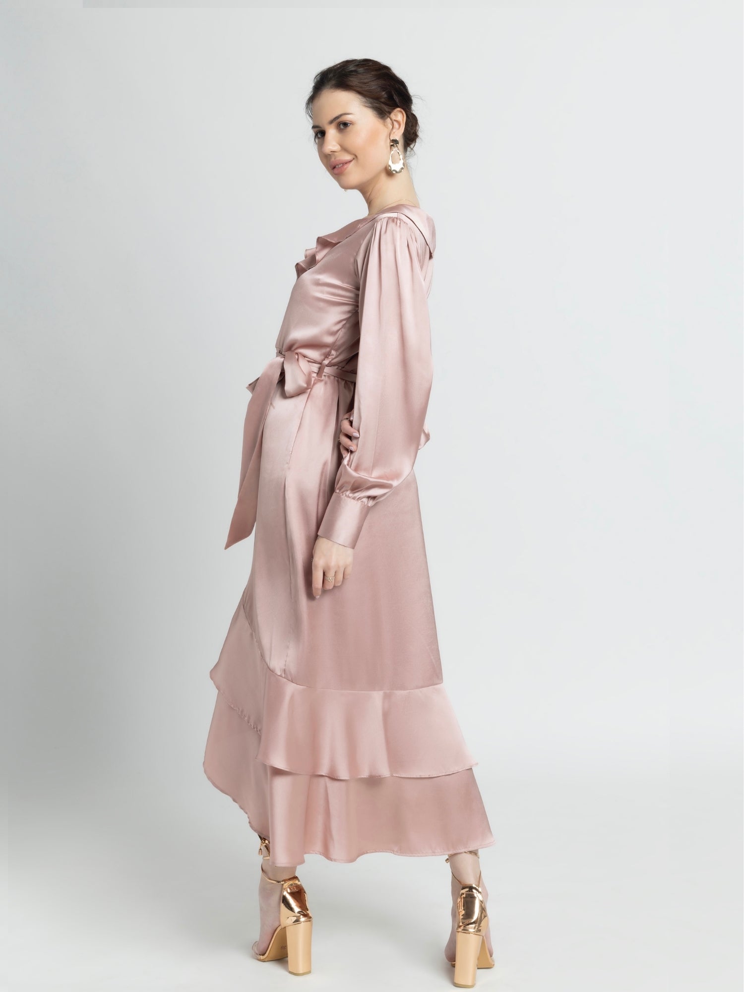Rose Gold Ruffle V Midi Dress
