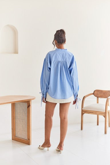 Blue Striped Oversized Shirt with Embroidery Detail