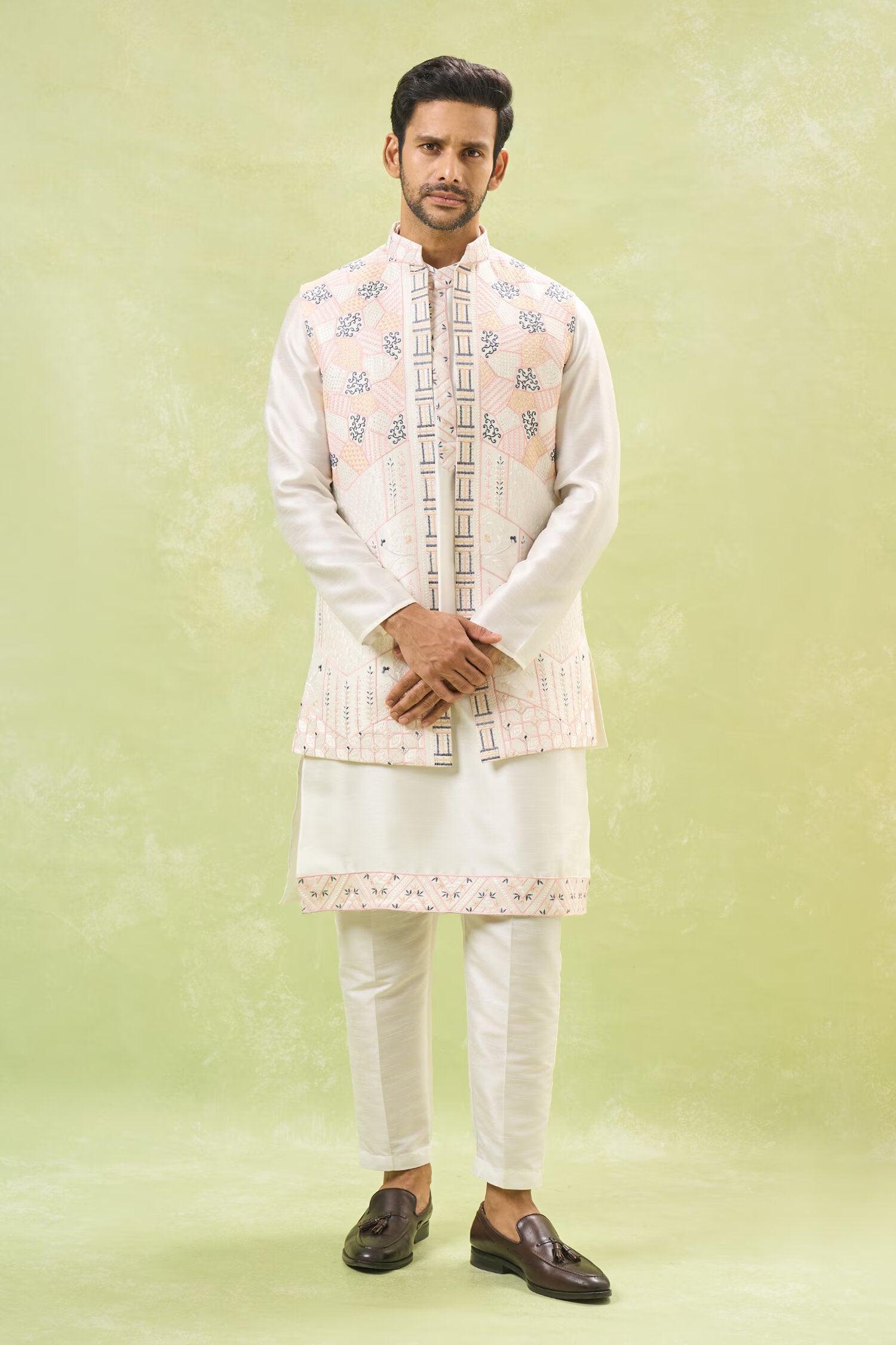 Off White Embroidered Kurta-Jacket Set - Main Image