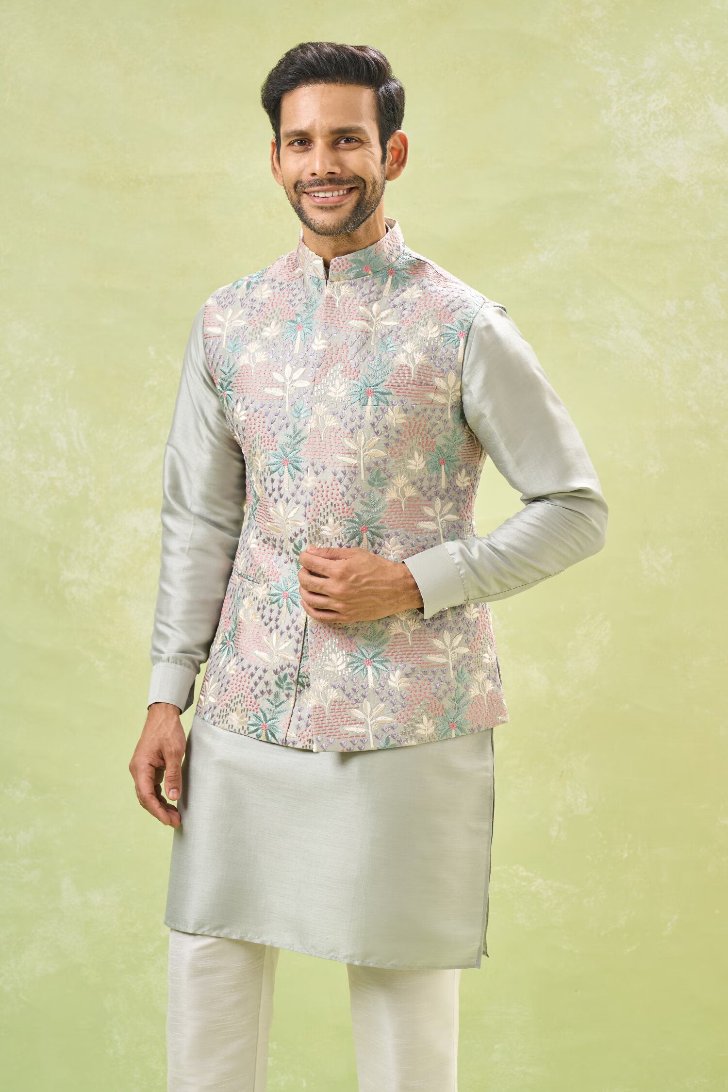 Grey Embroidered Kurta-Jacket Set