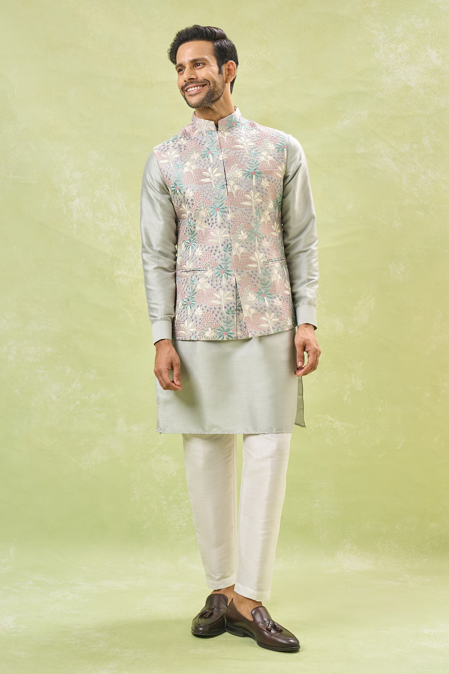 Grey Embroidered Kurta-Jacket Set