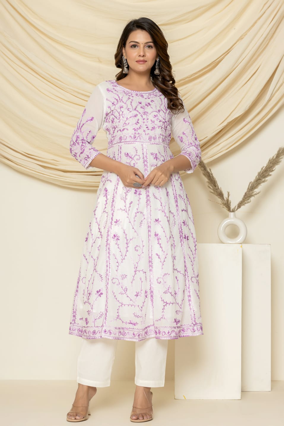 Neel-aari embroidered suit set with pant and dupatta