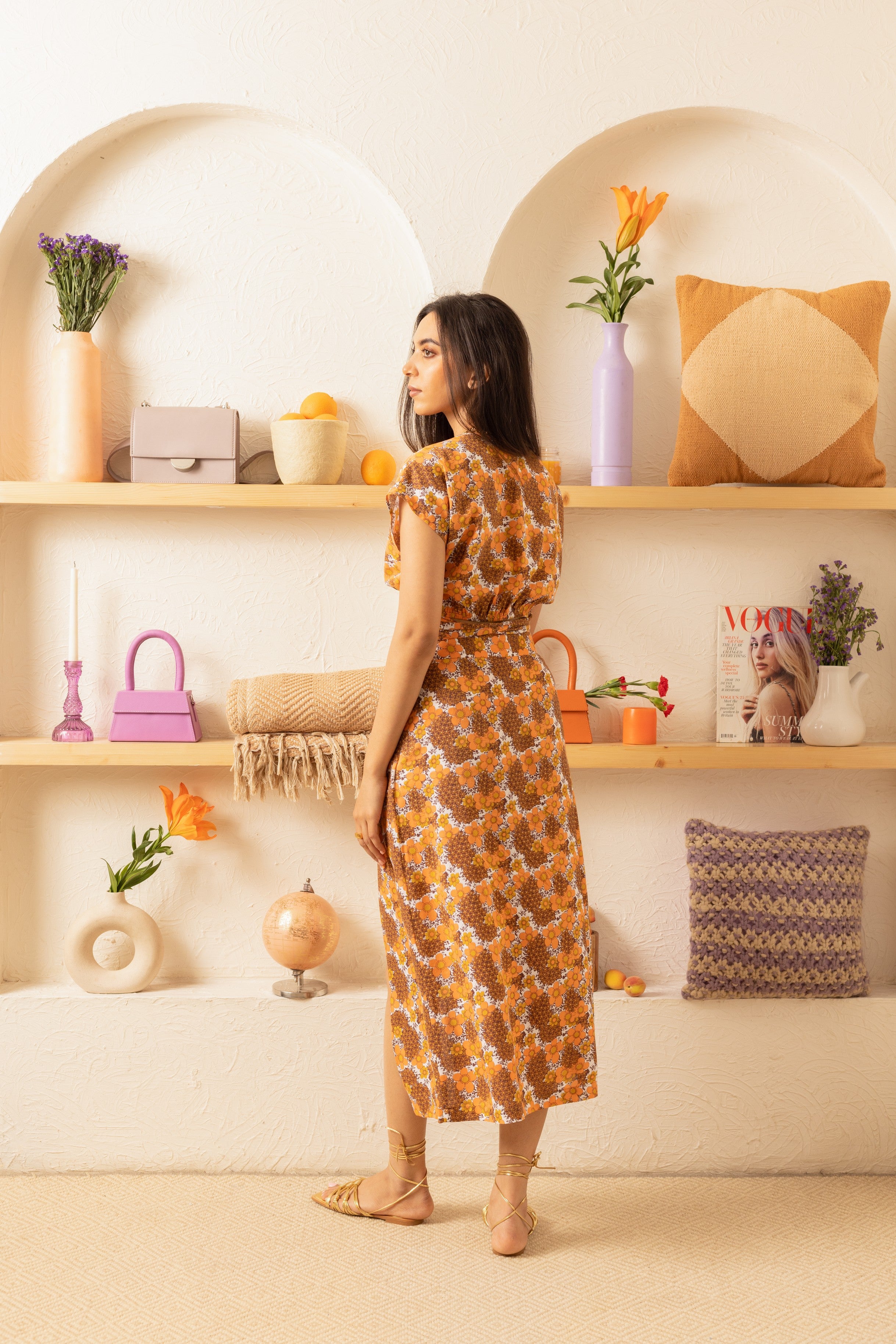 Orange Floral Drop Shoulder Wrap Top
