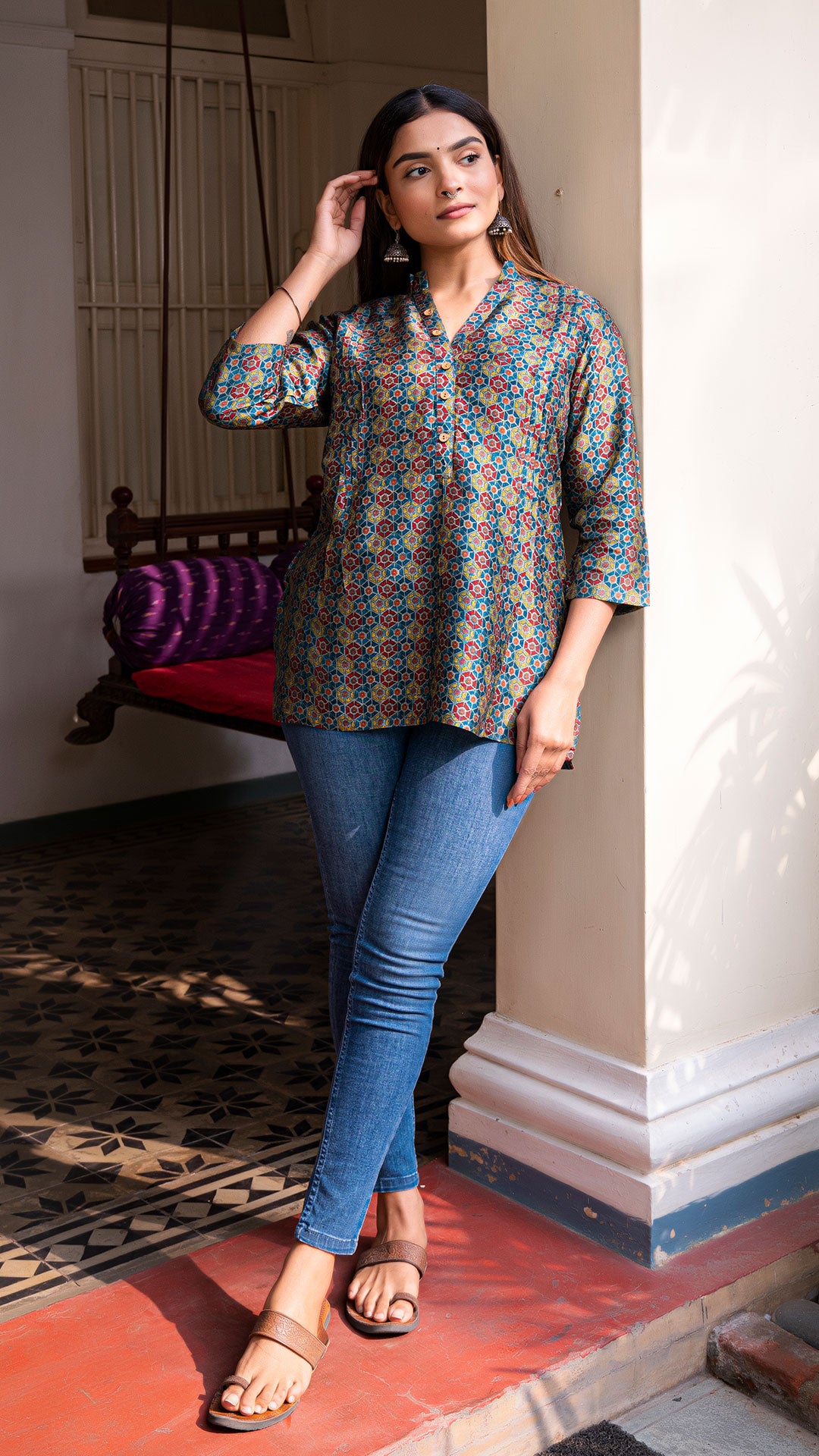AASTHA MULTI COLOUR AJARAKH PRINT SHORT TOP IN SILK