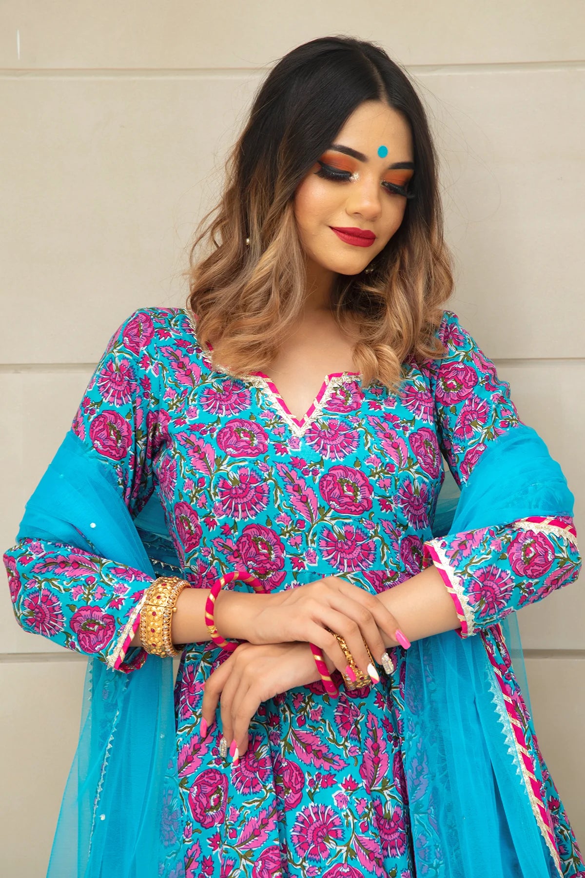CHITRA HAND BLOCK COTTON ANARKALI SET