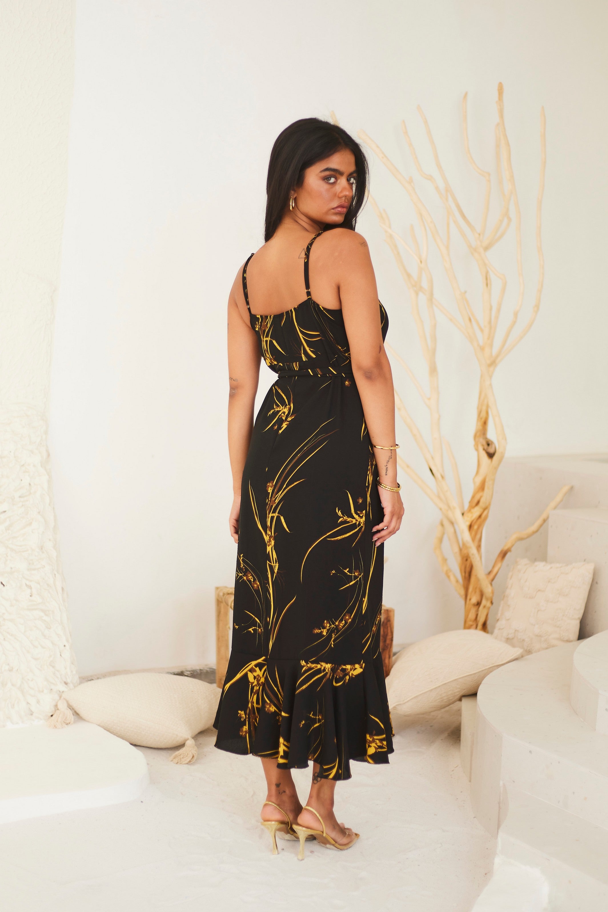 Black Printed Wrap Midi Dress