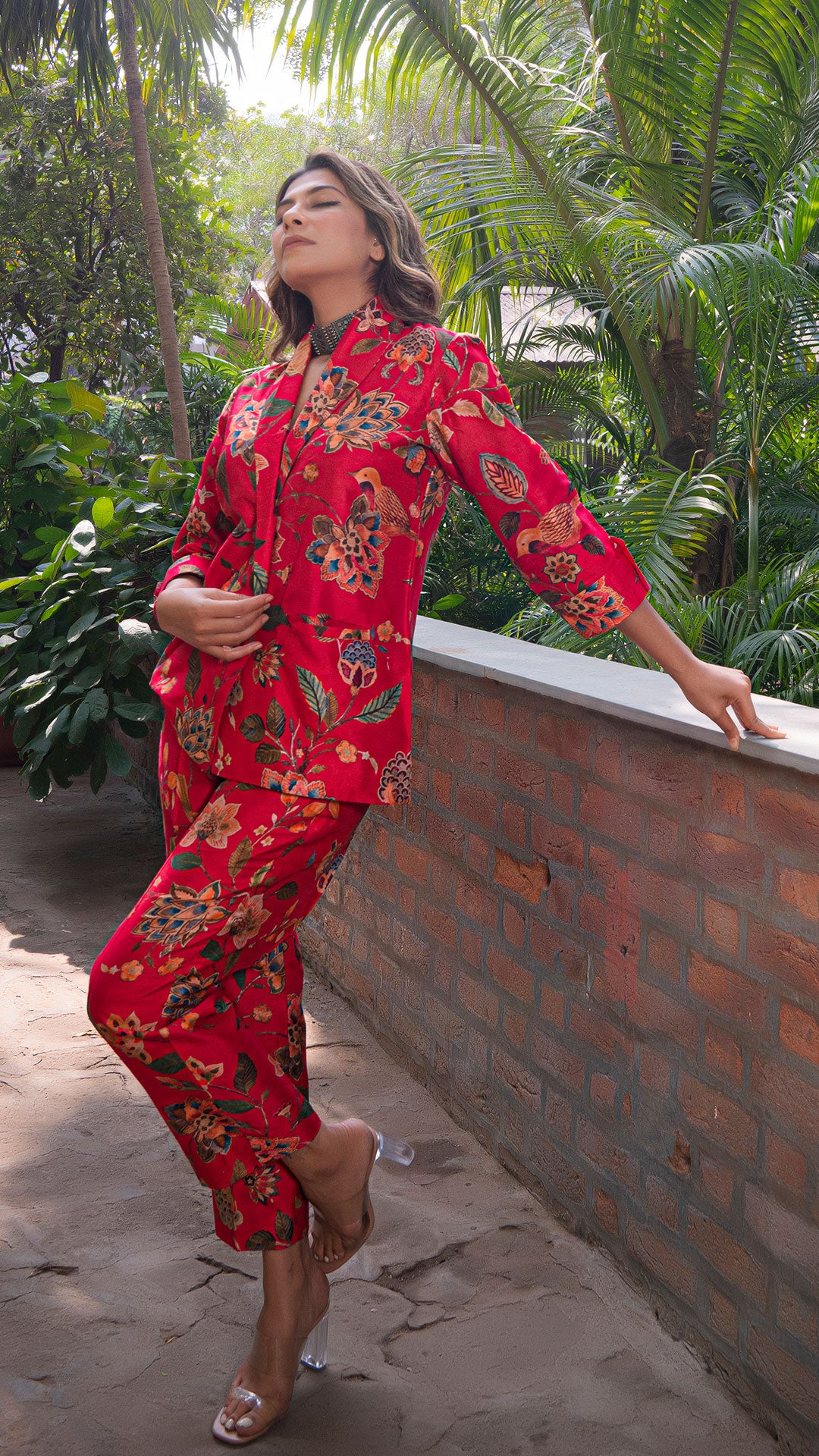 KAREENA PRINTED CO-ORD SET IN SILK - RED