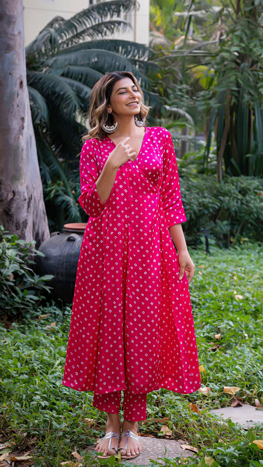 BANDHANI KALI KURTA SET IN SILK - DARK PINK