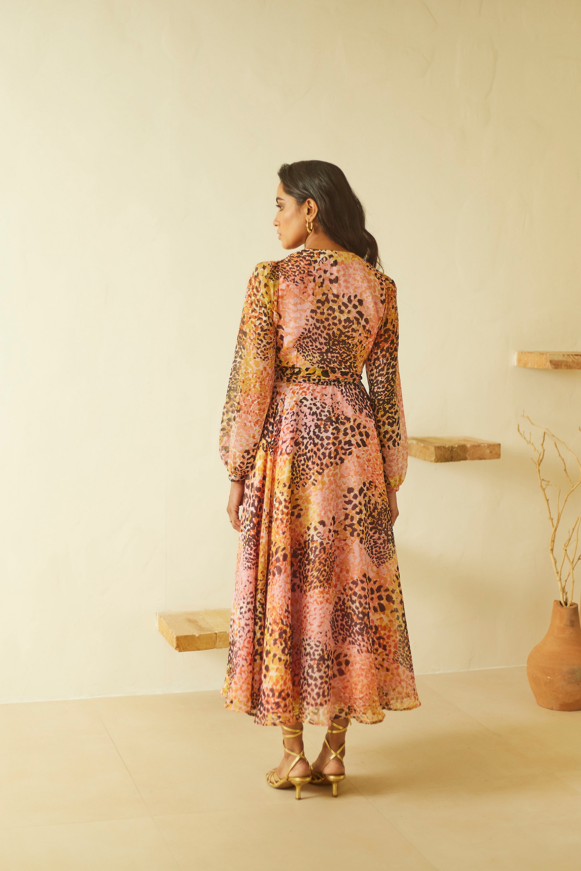 Printed Chiffon Wrap Midi Dress