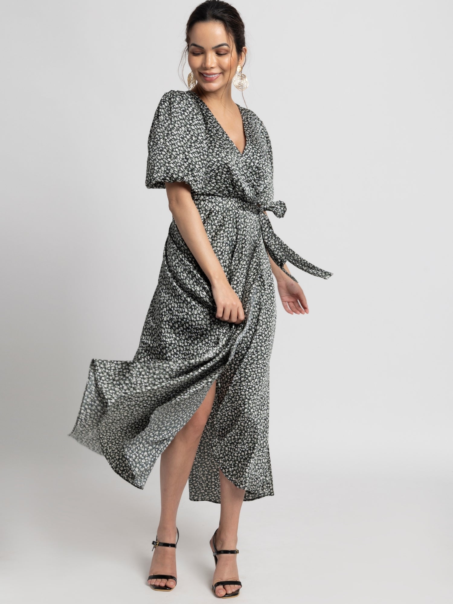 Noir Botanical Surplice Midi Dress