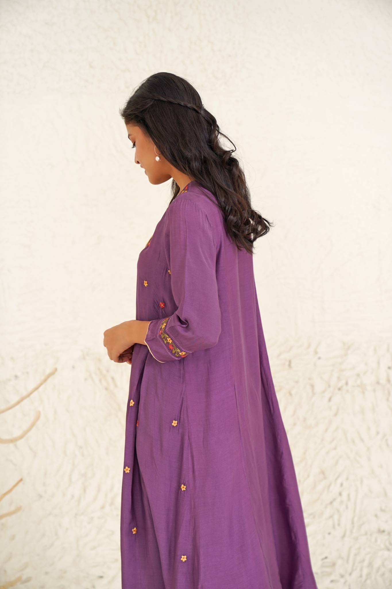 Wine Daisy Kurta with Narrow Pants- Set of 2