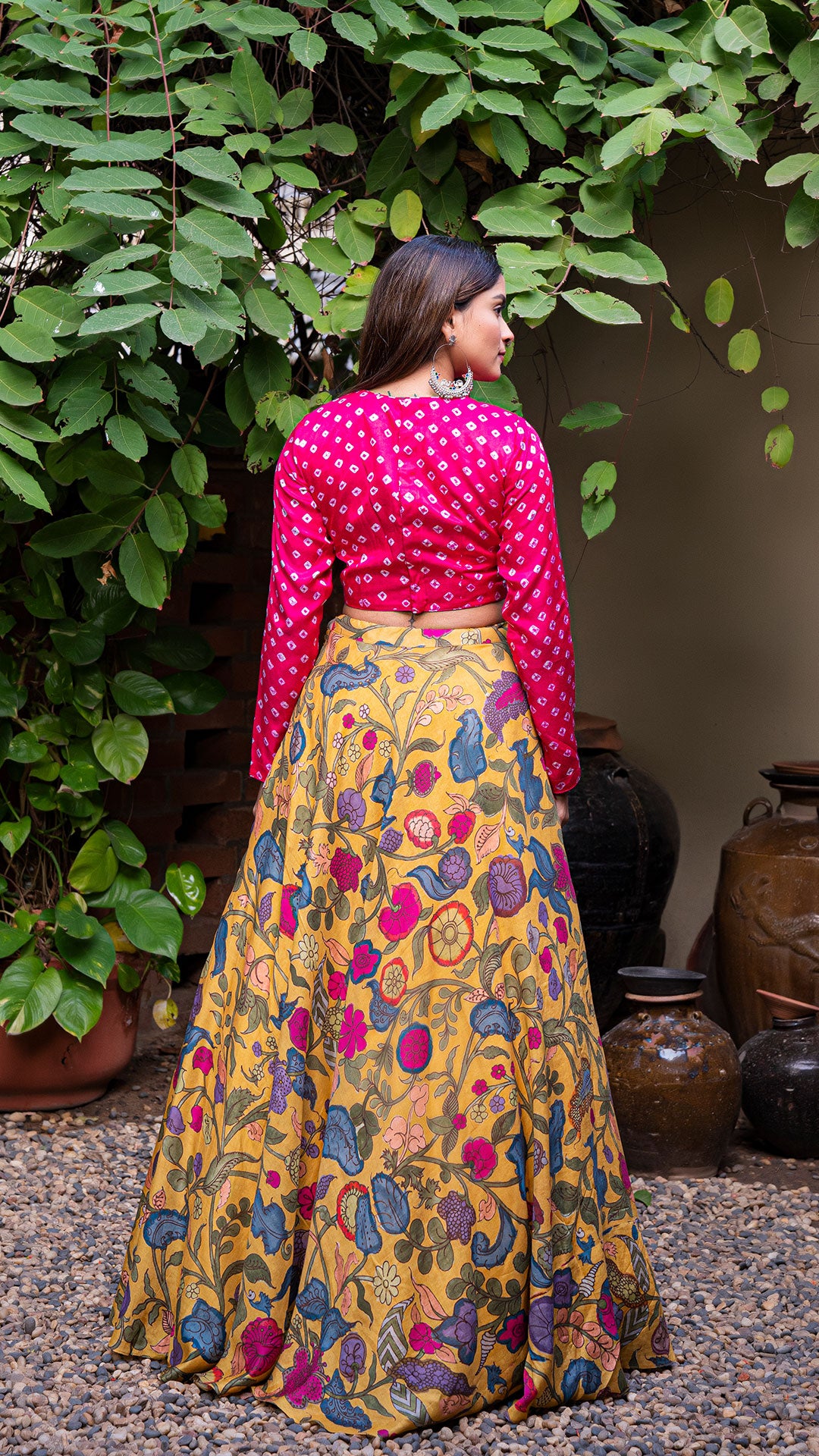 KALAMKARI SILK LEHENGA - MUSTARD YELLOW WITH BANDHANI BLOUSE