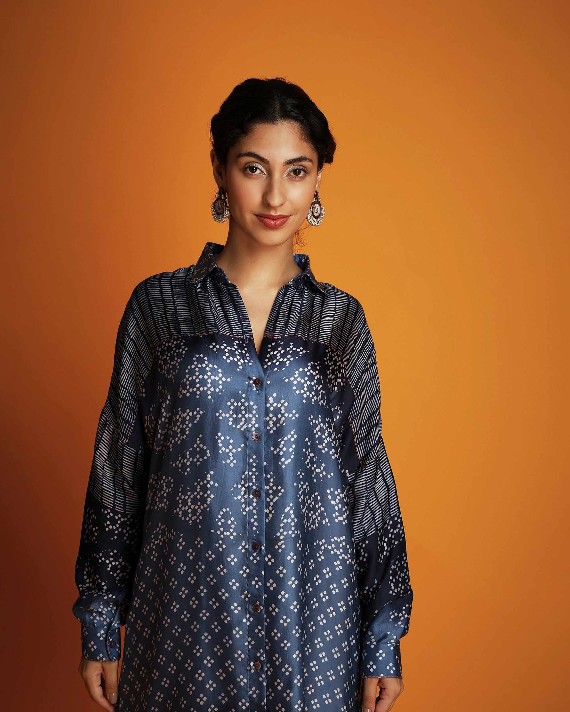 Indigo ombre block printed shirt tunic set