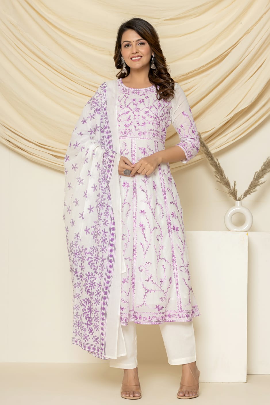 Neel-aari embroidered suit set with pant and dupatta