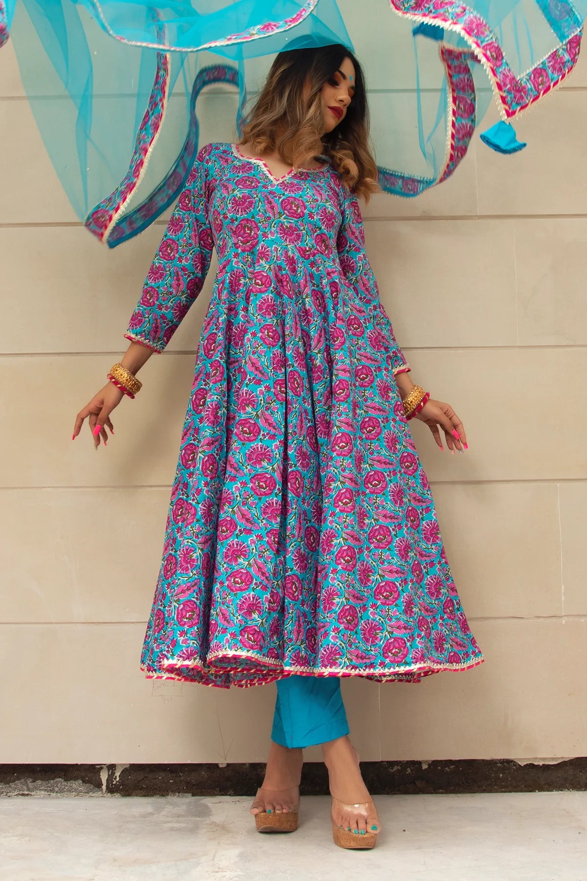 CHITRA HAND BLOCK COTTON ANARKALI SET