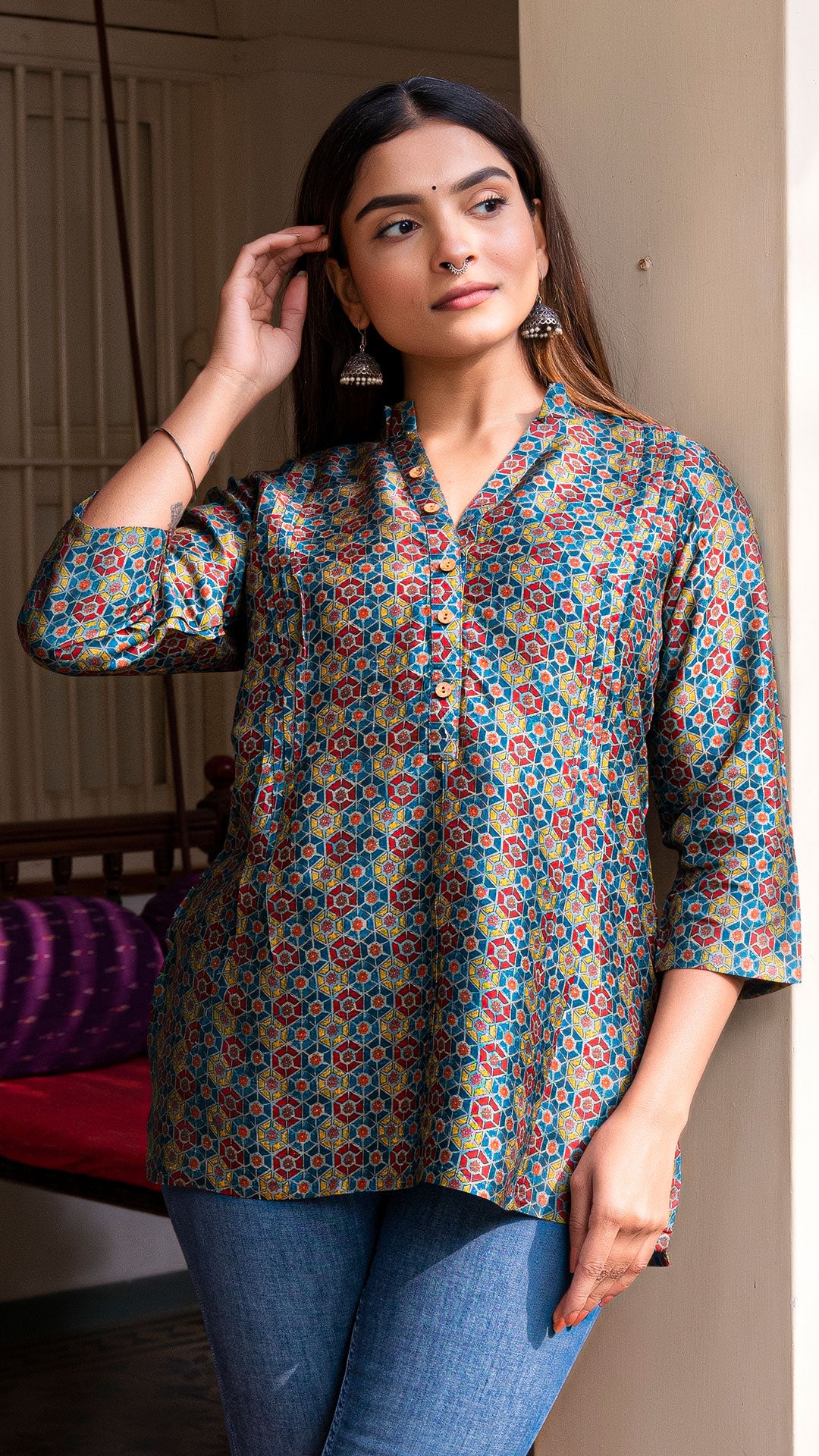 AASTHA MULTI COLOUR AJARAKH PRINT SHORT TOP IN SILK