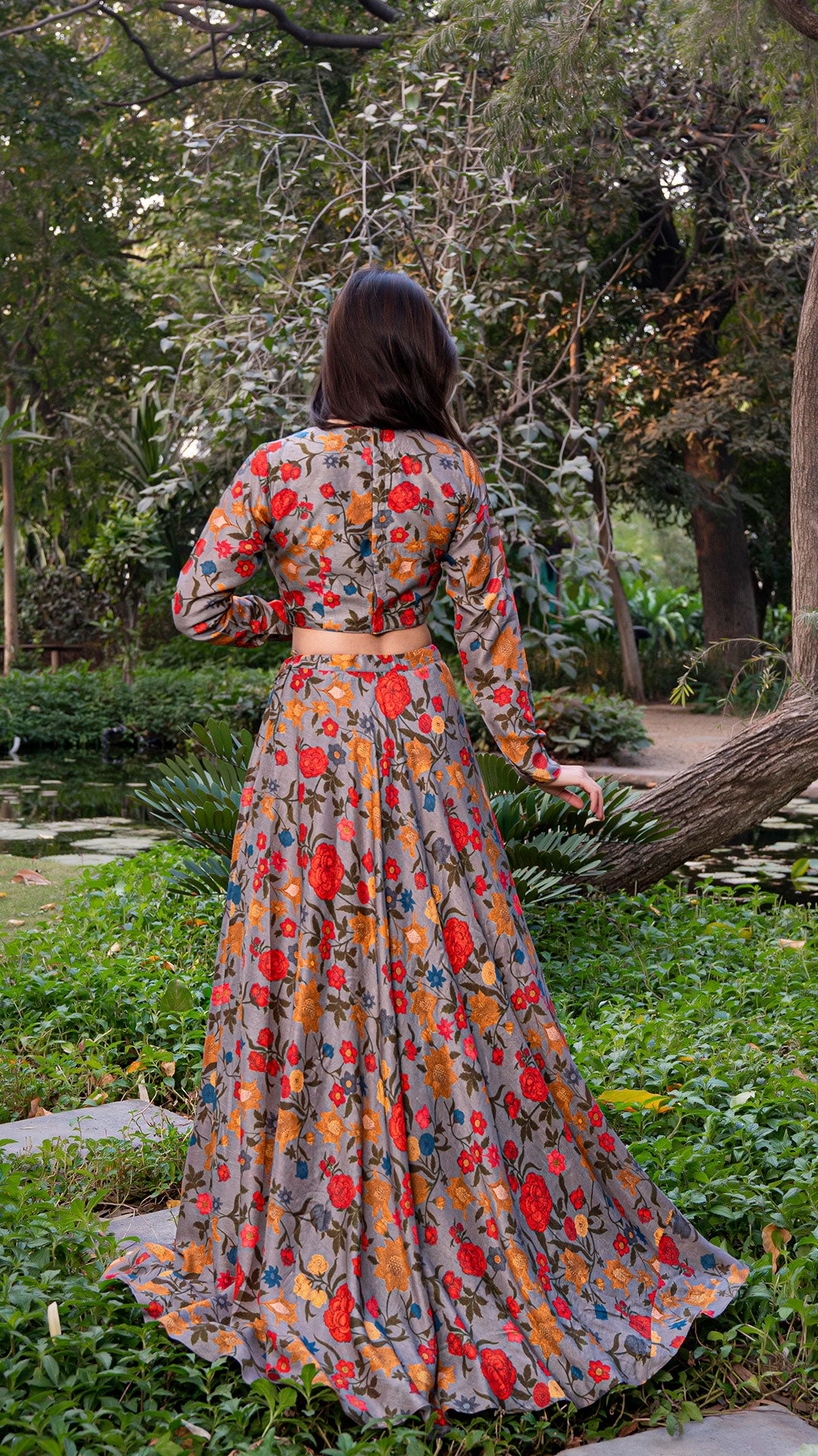 FLORAL FANTASY SILK LEHENGA SET - GREY