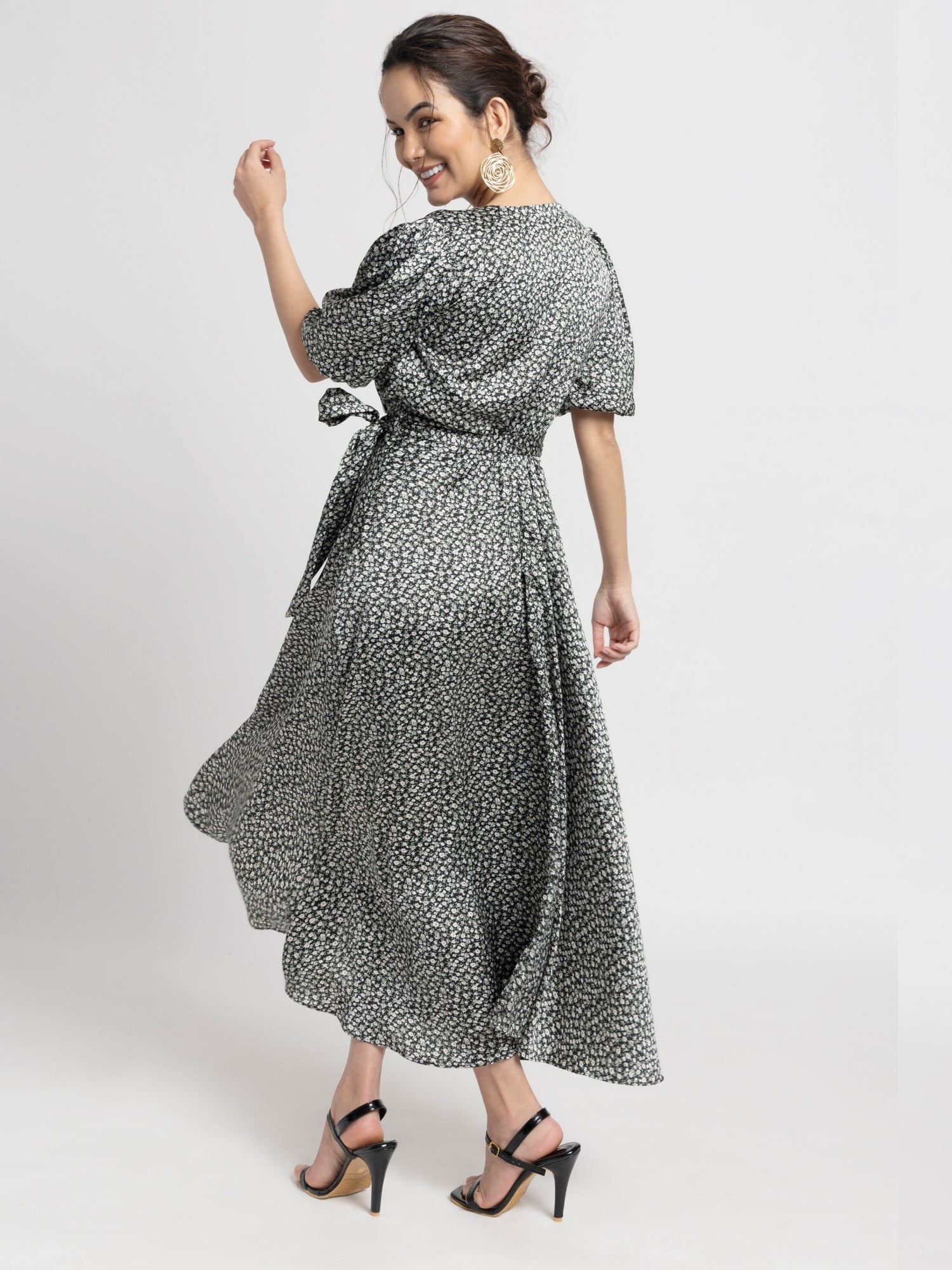 Noir Botanical Surplice Midi Dress