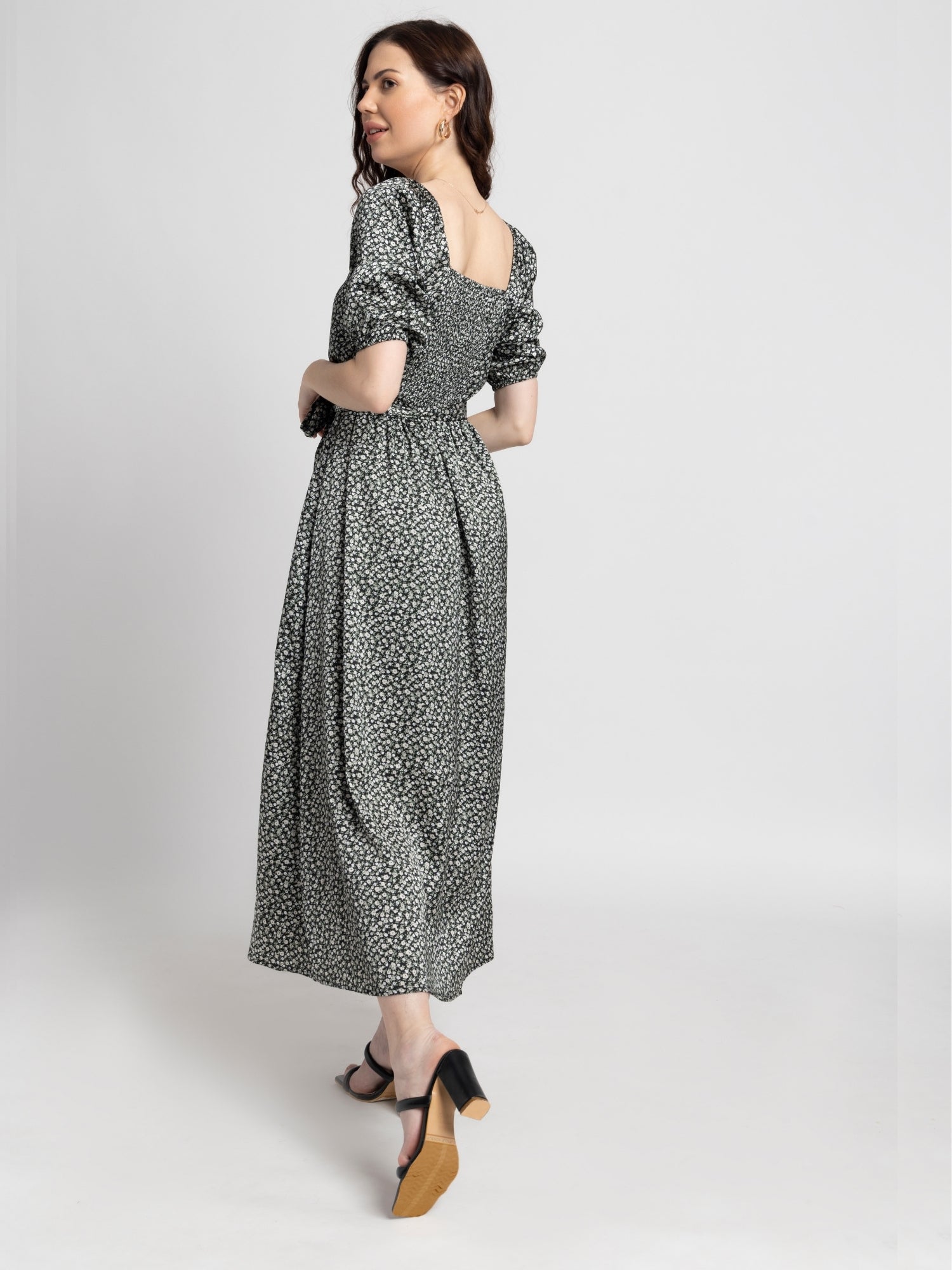 Noir Botanical Square Midi Dress