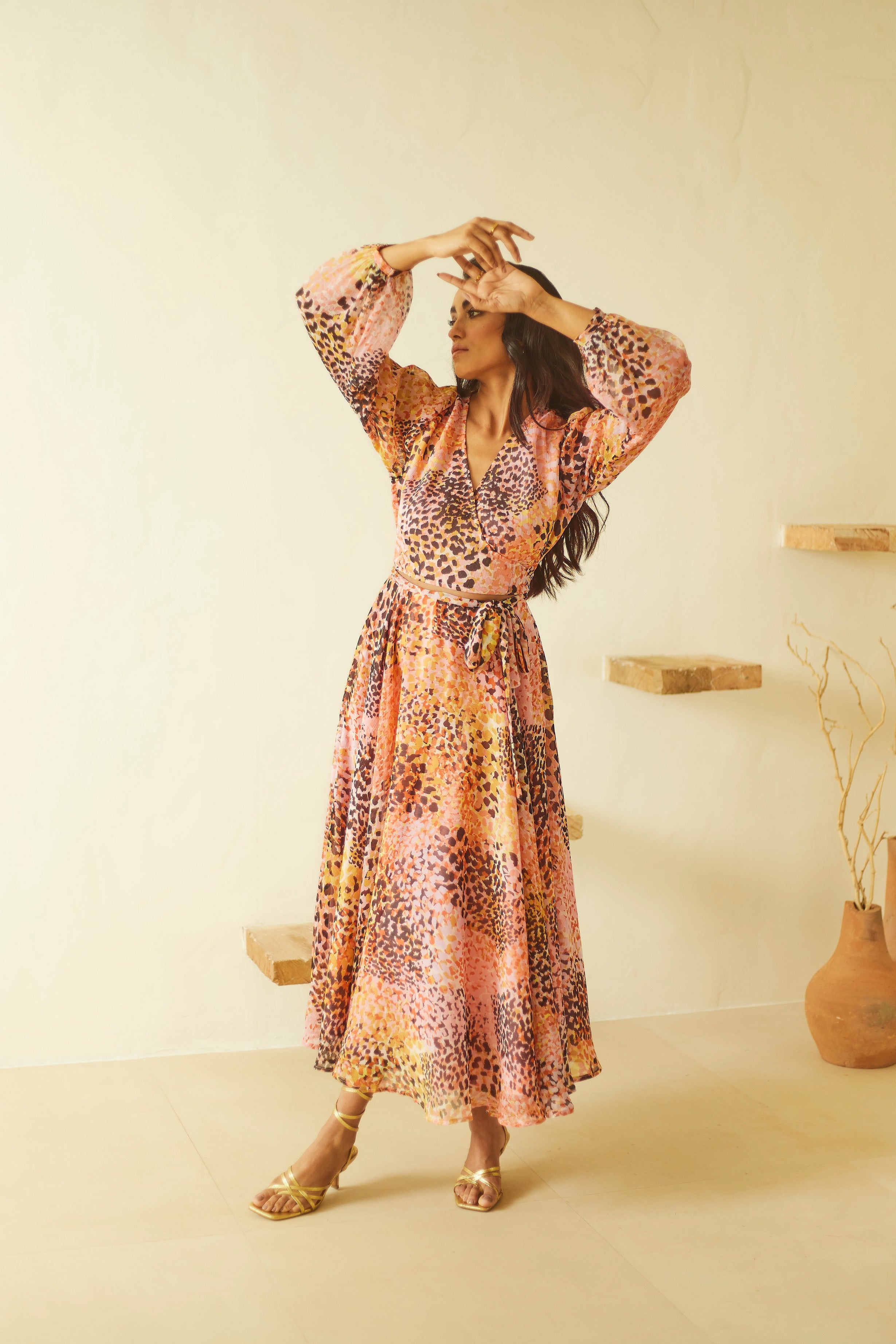 Printed Chiffon Wrap Midi Dress