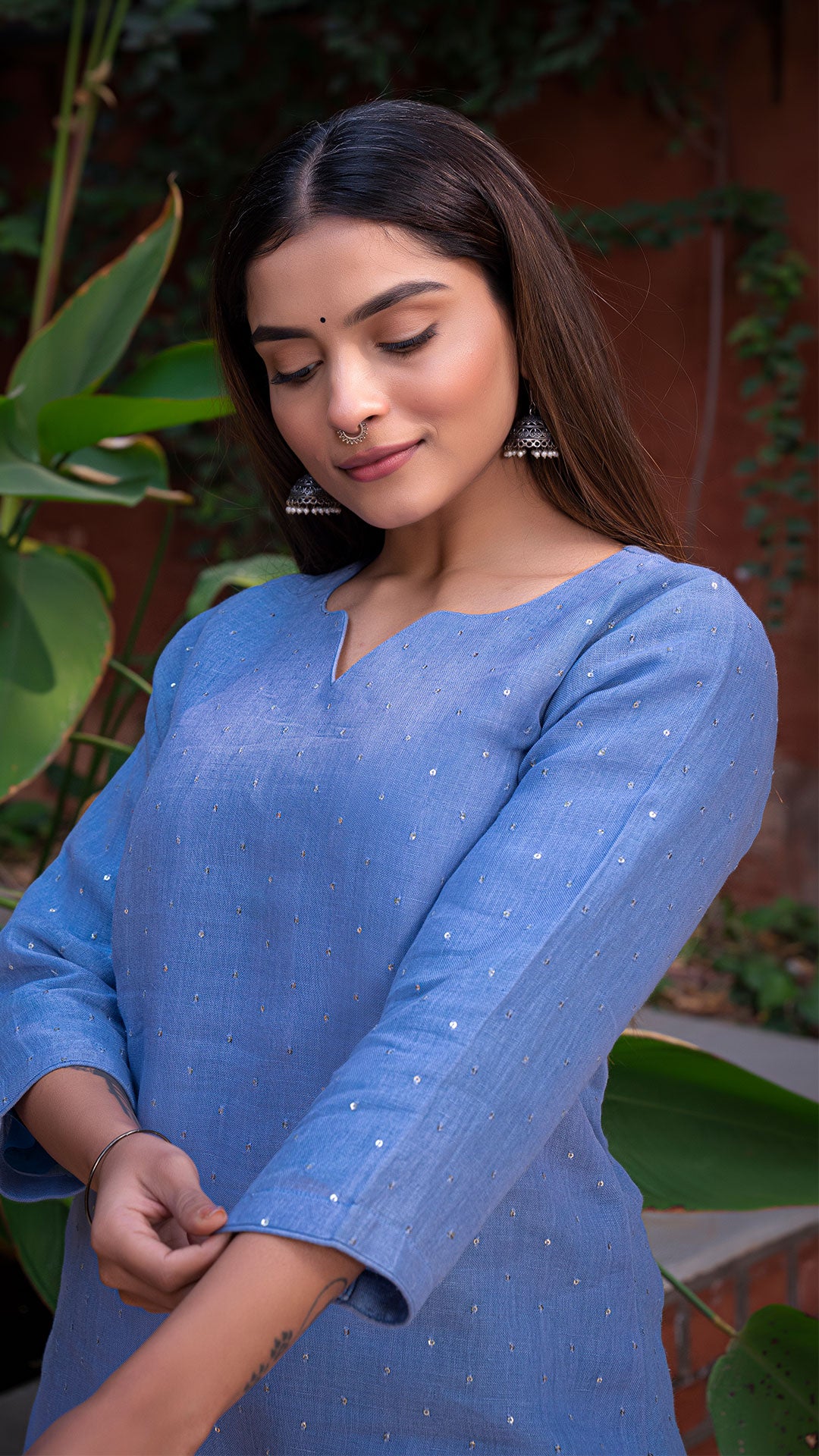 DURGA EMBELLISHED PURE LINEN KURTA + PANTS - PASTEL BLUE
