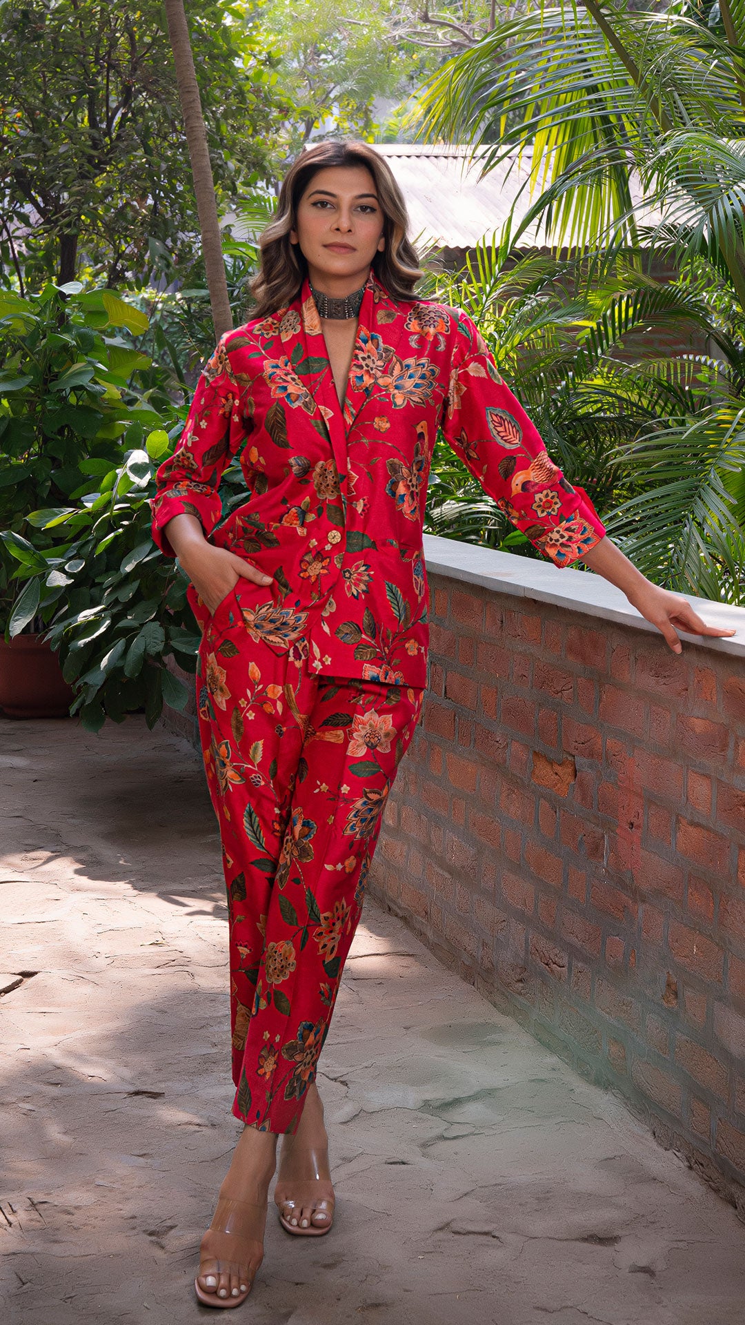 KAREENA PRINTED CO-ORD SET IN SILK - RED