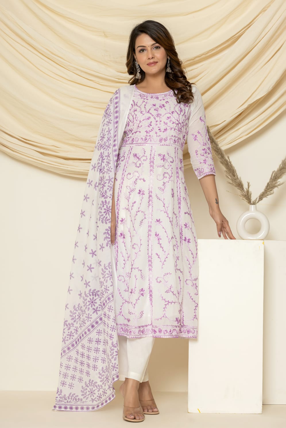 Neel-aari embroidered suit set with pant and dupatta