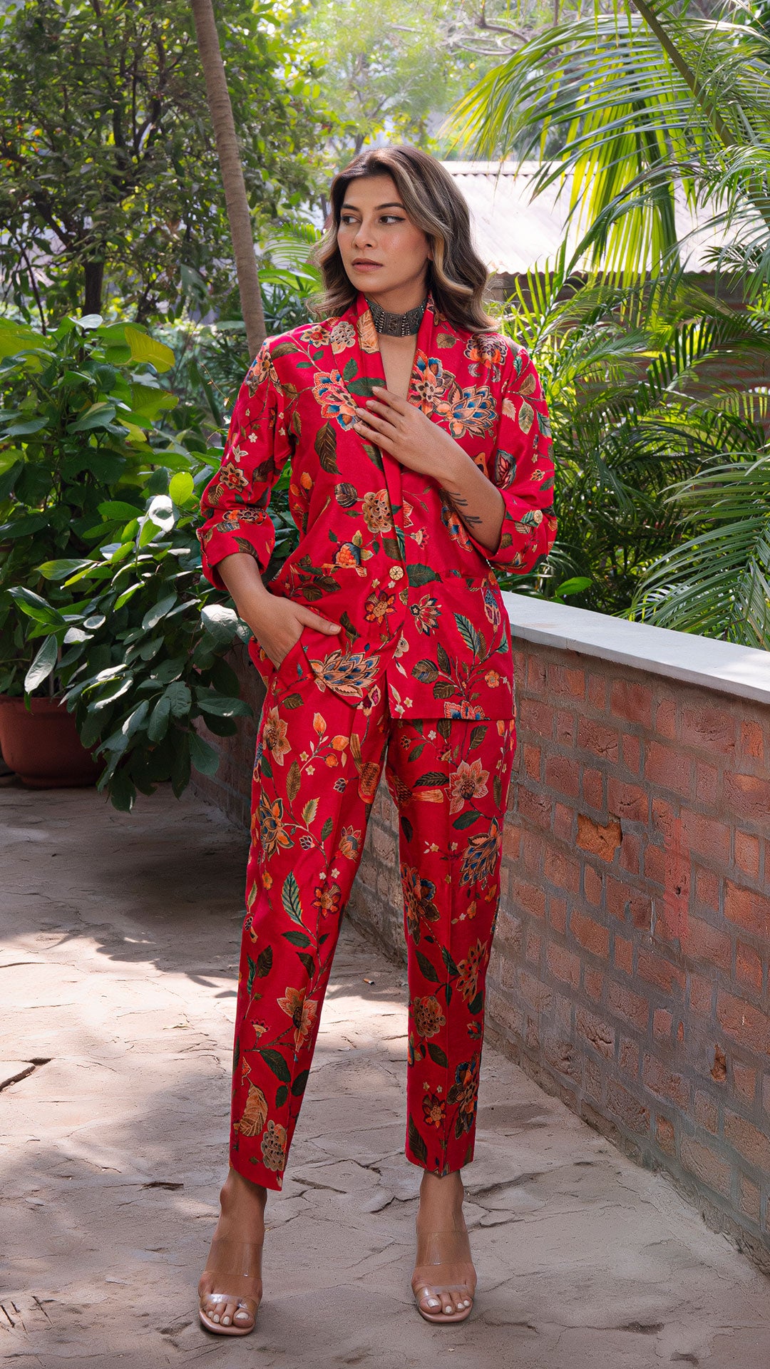 KAREENA PRINTED CO-ORD SET IN SILK - RED
