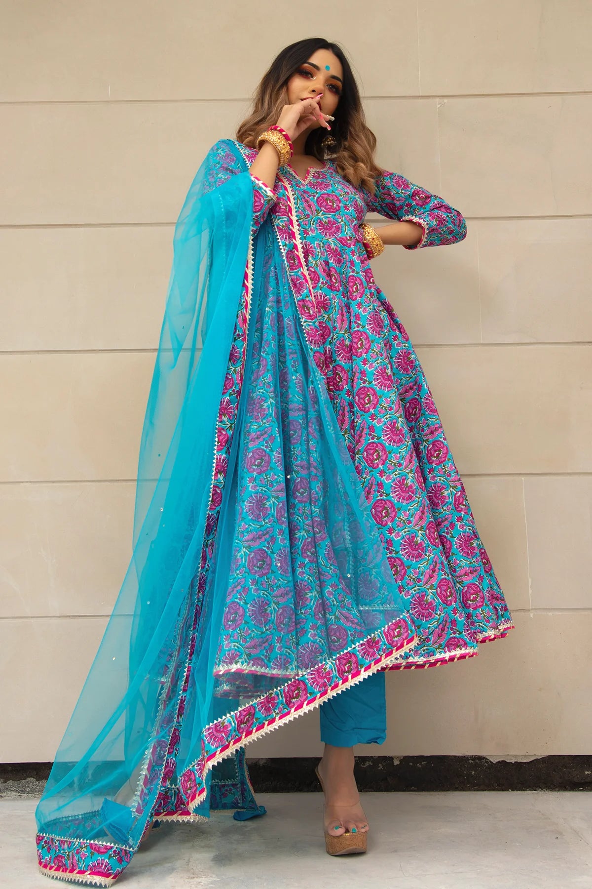 CHITRA HAND BLOCK COTTON ANARKALI SET
