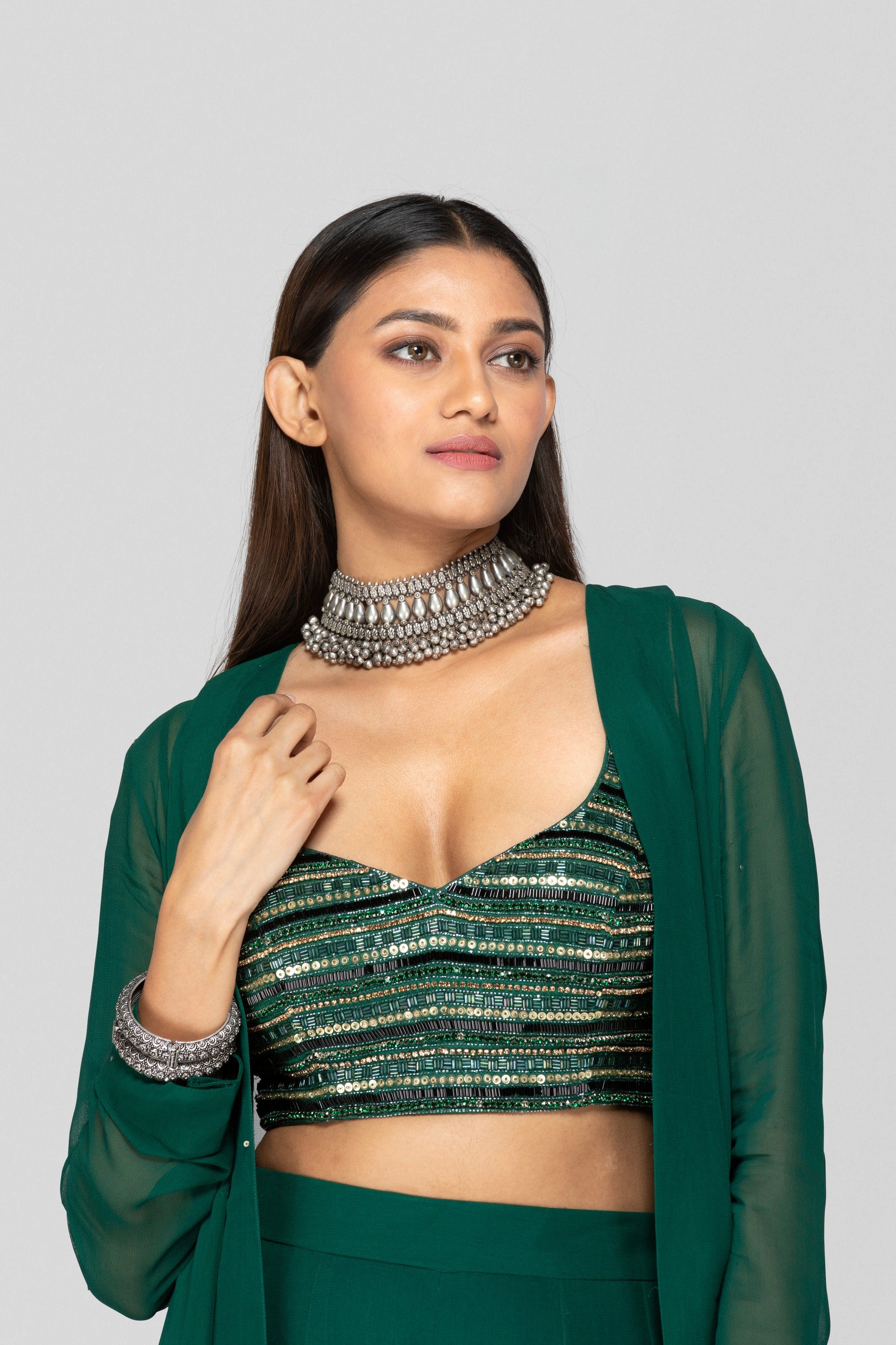 Emerald Green Embellished Sharara And Jacket Set