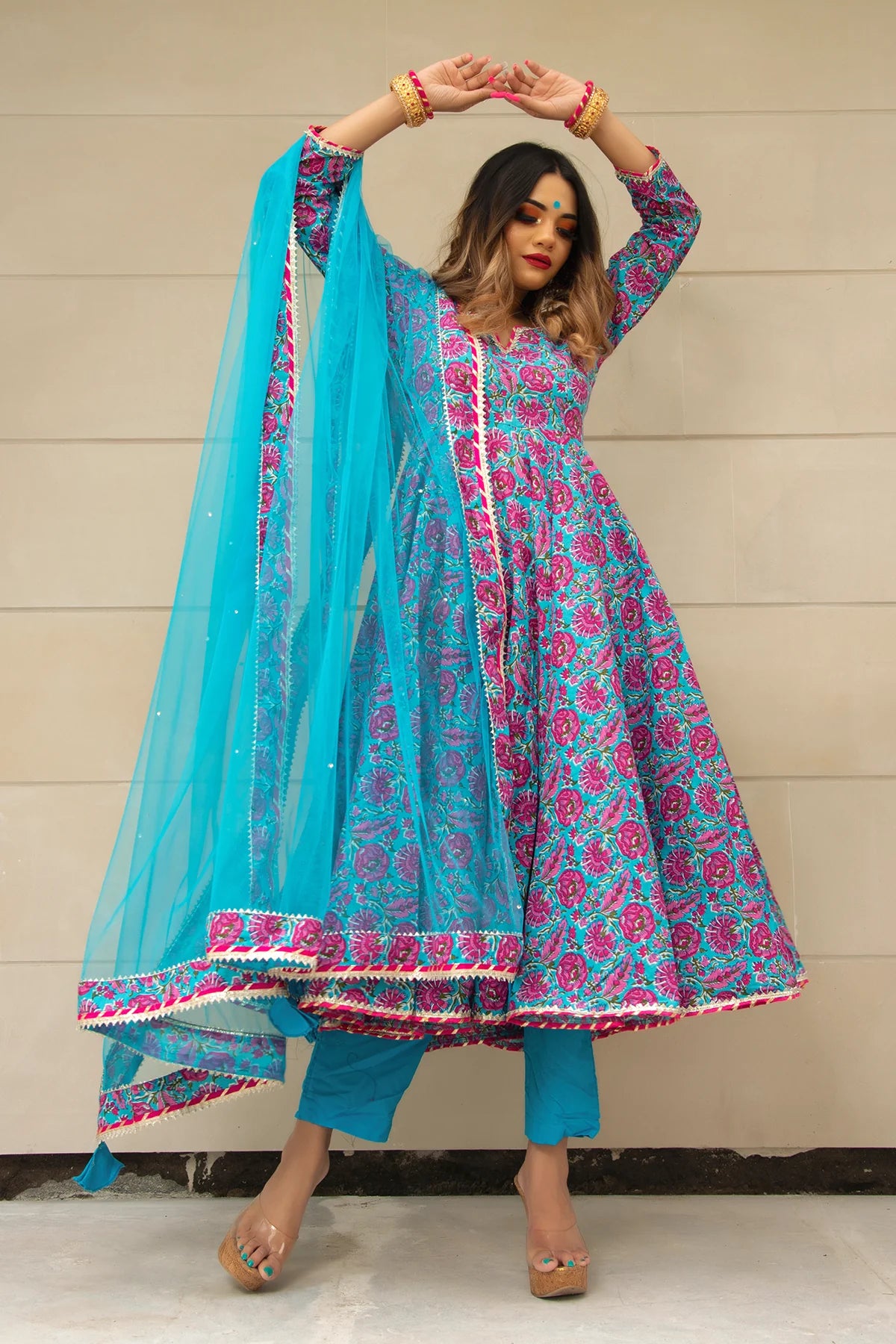 CHITRA HAND BLOCK COTTON ANARKALI SET