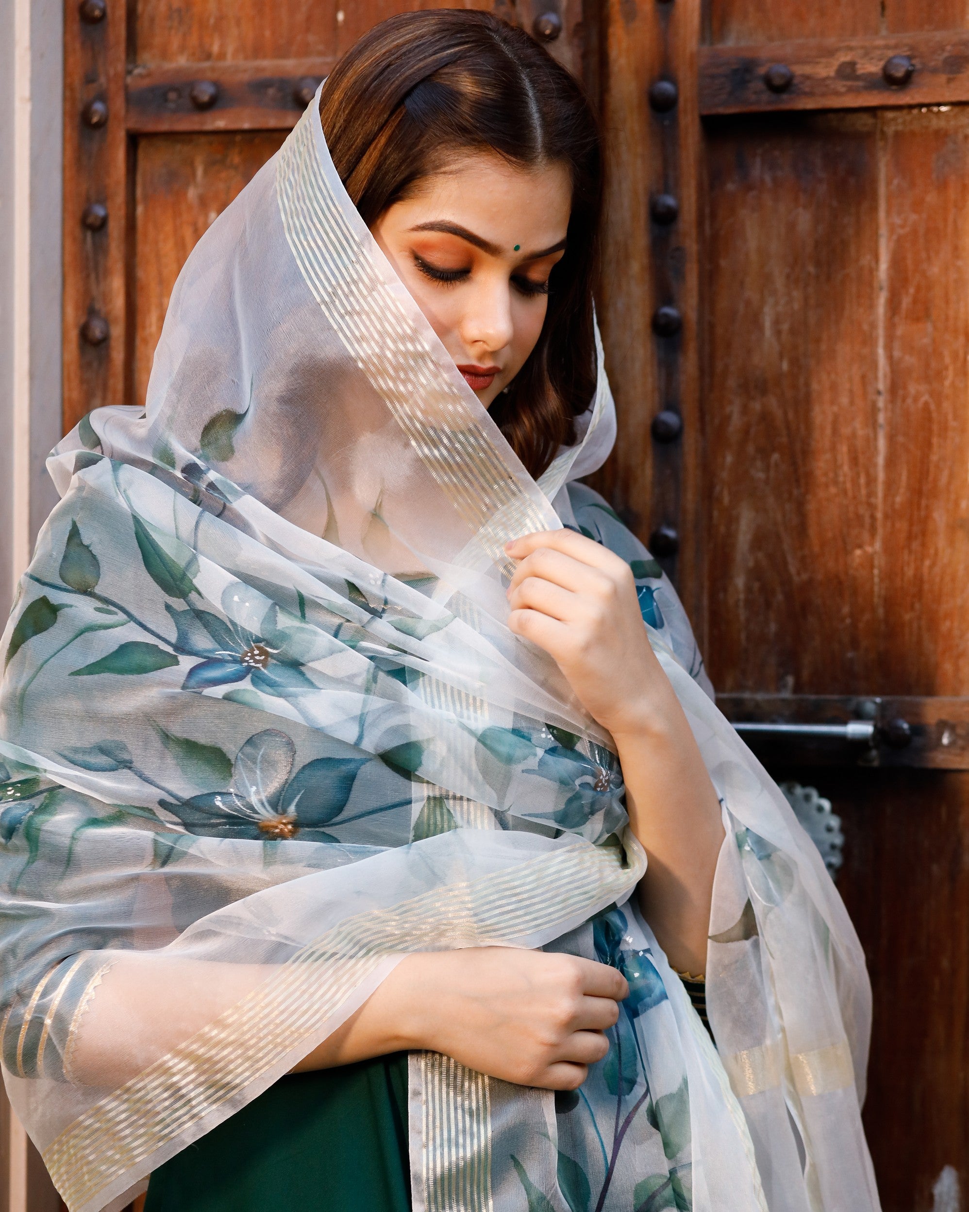 Round Neck Dark Green Solid Anarkali with HandPainted Organza Dupatta