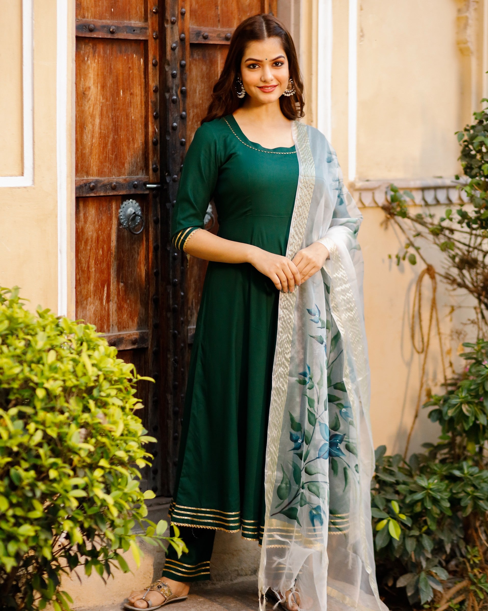 Round Neck Dark Green Solid Anarkali with HandPainted Organza Dupatta