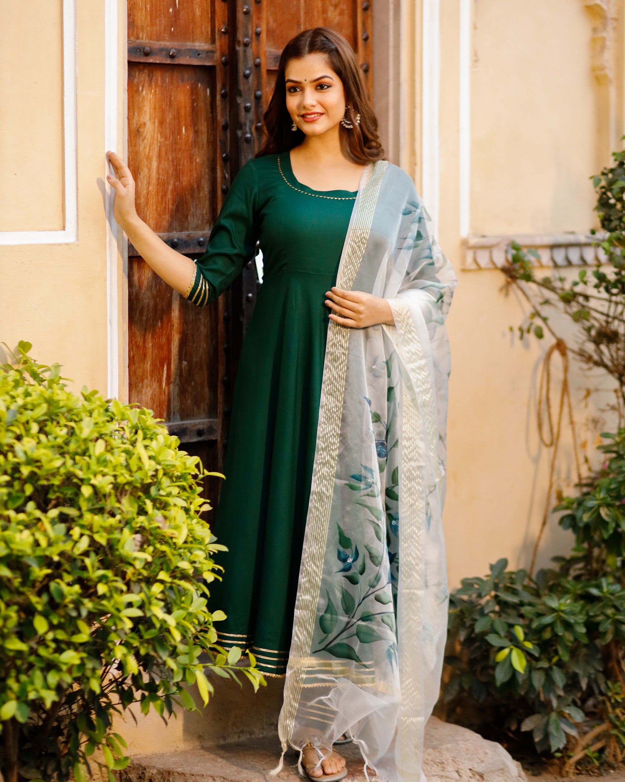 Round Neck Dark Green Solid Anarkali with HandPainted Organza Dupatta