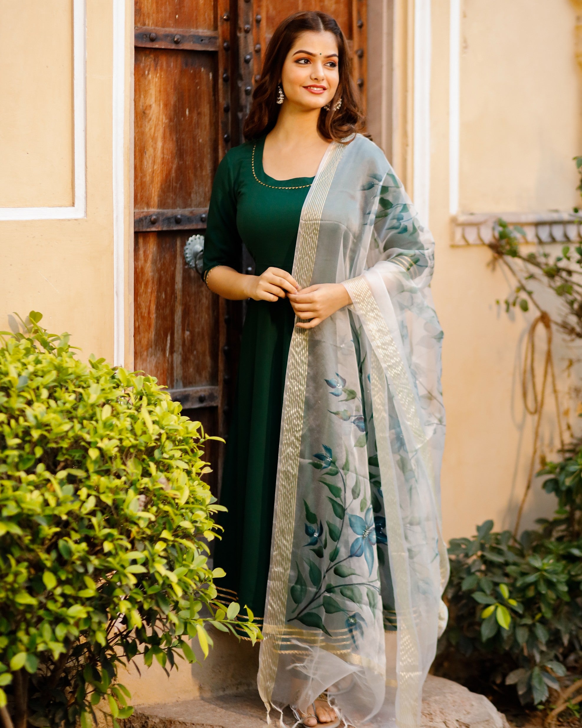 Round Neck Dark Green Solid Anarkali with HandPainted Organza Dupatta
