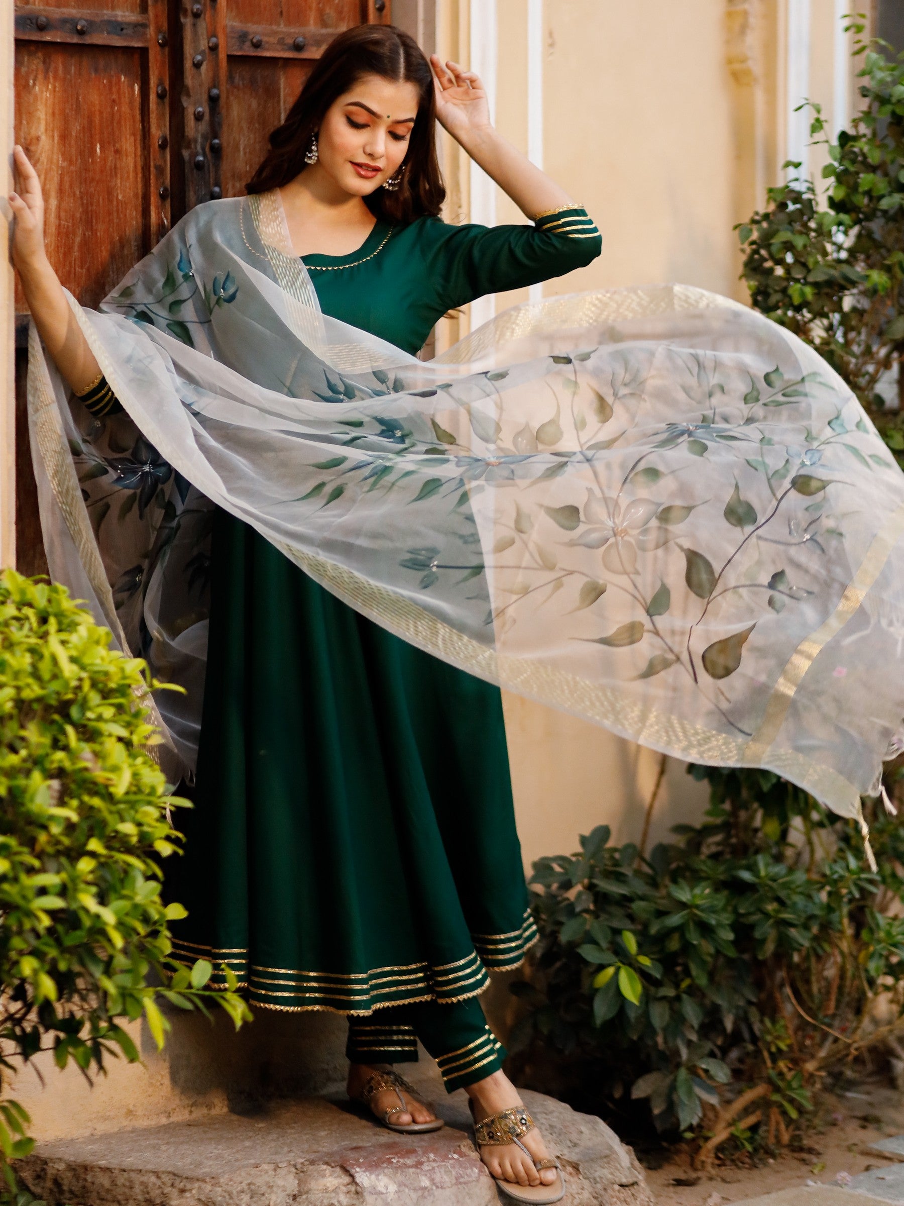 Round Neck Dark Green Solid Anarkali with HandPainted Organza Dupatta