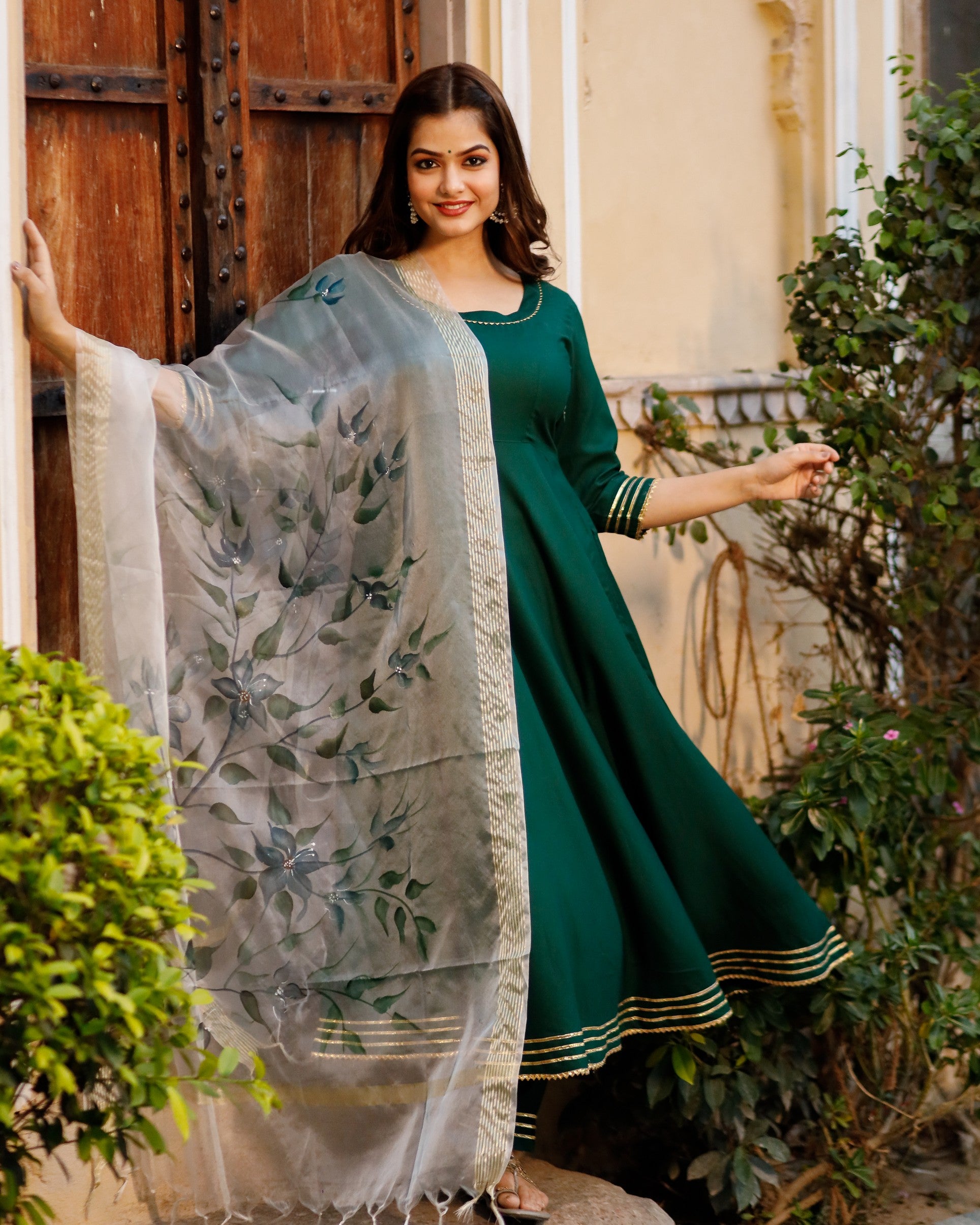 Round Neck Dark Green Solid Anarkali with HandPainted Organza Dupatta