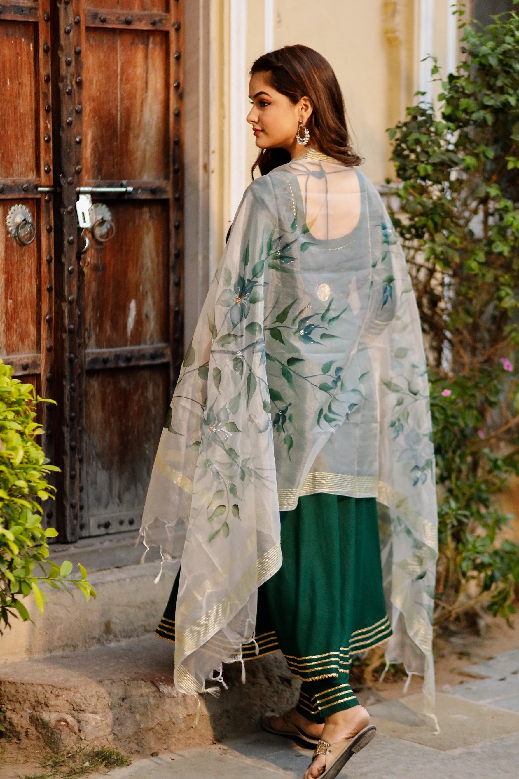 Round Neck Dark Green Solid Anarkali with HandPainted Organza Dupatta