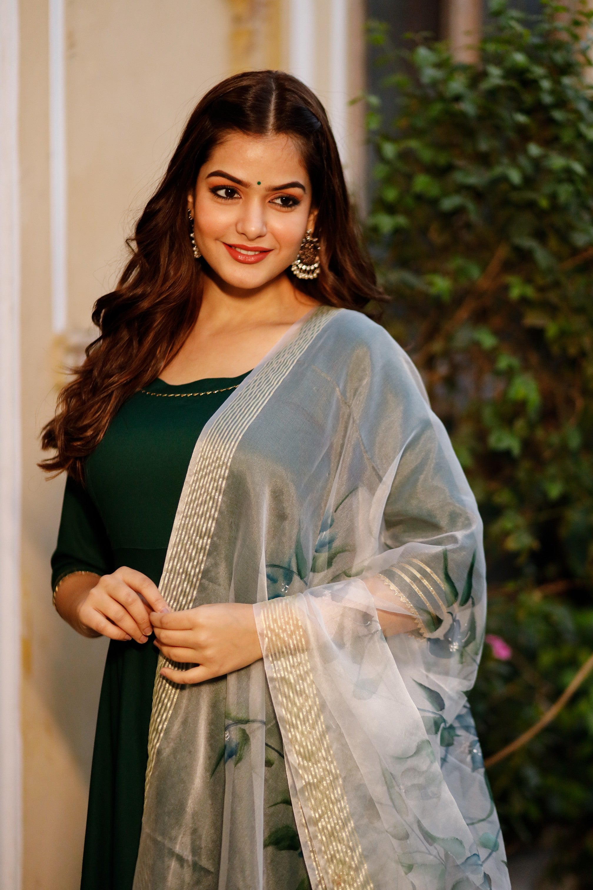 Round Neck Dark Green Solid Anarkali with HandPainted Organza Dupatta