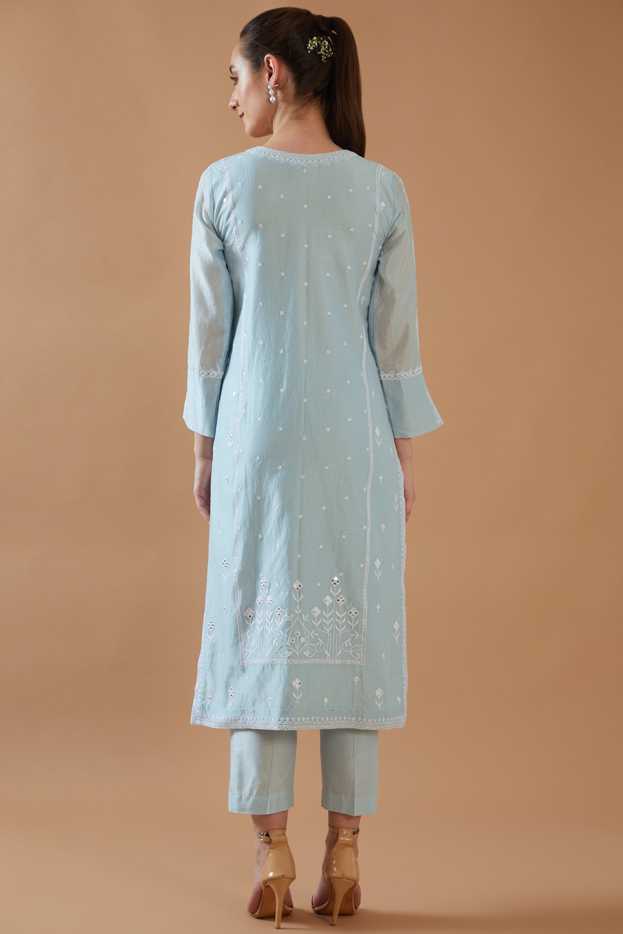 SKY BLUE MIRROR WORK WITH CHAWAL TAKA KURTA SET