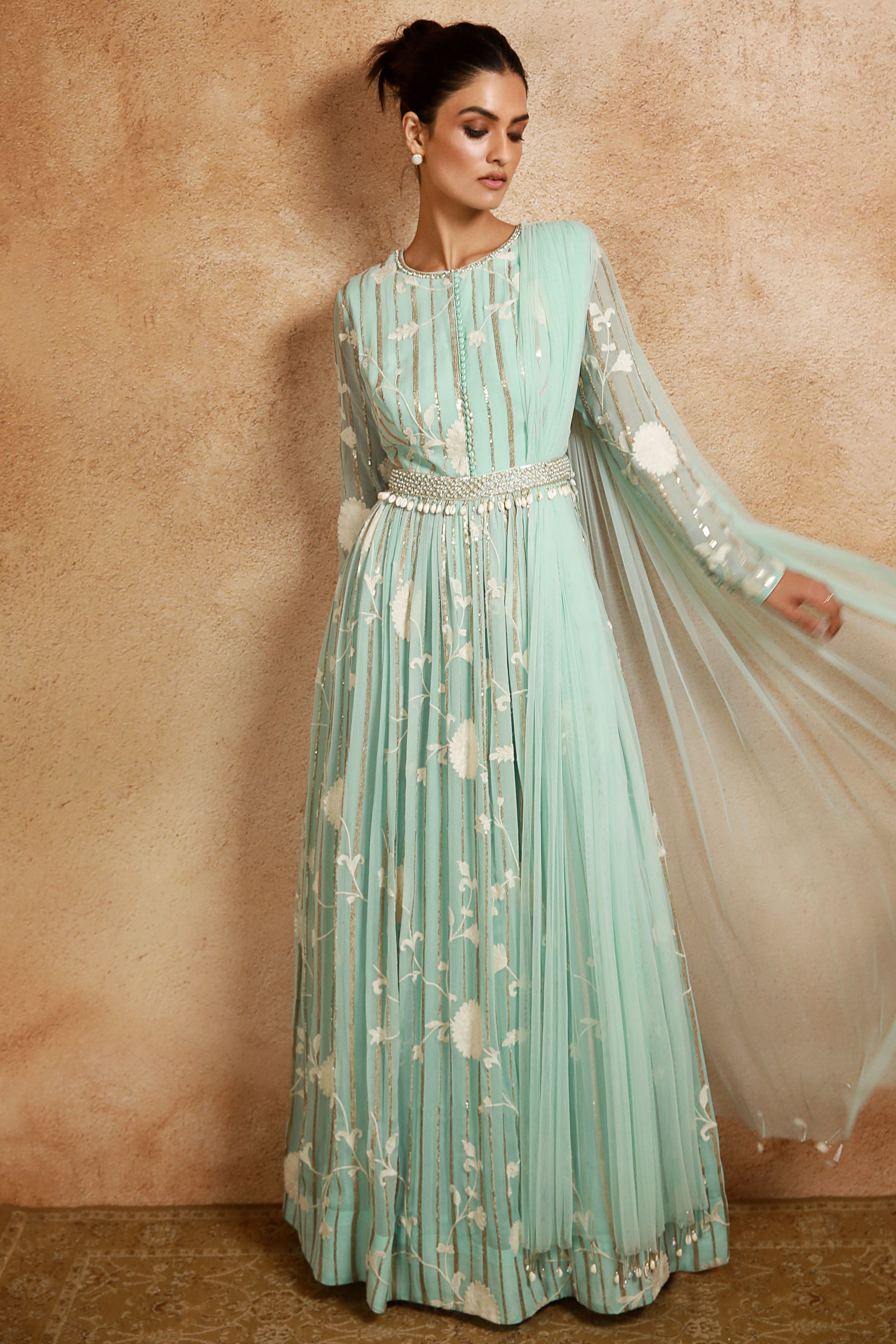 Aqua Blue Anarkali With Attached Dupatta