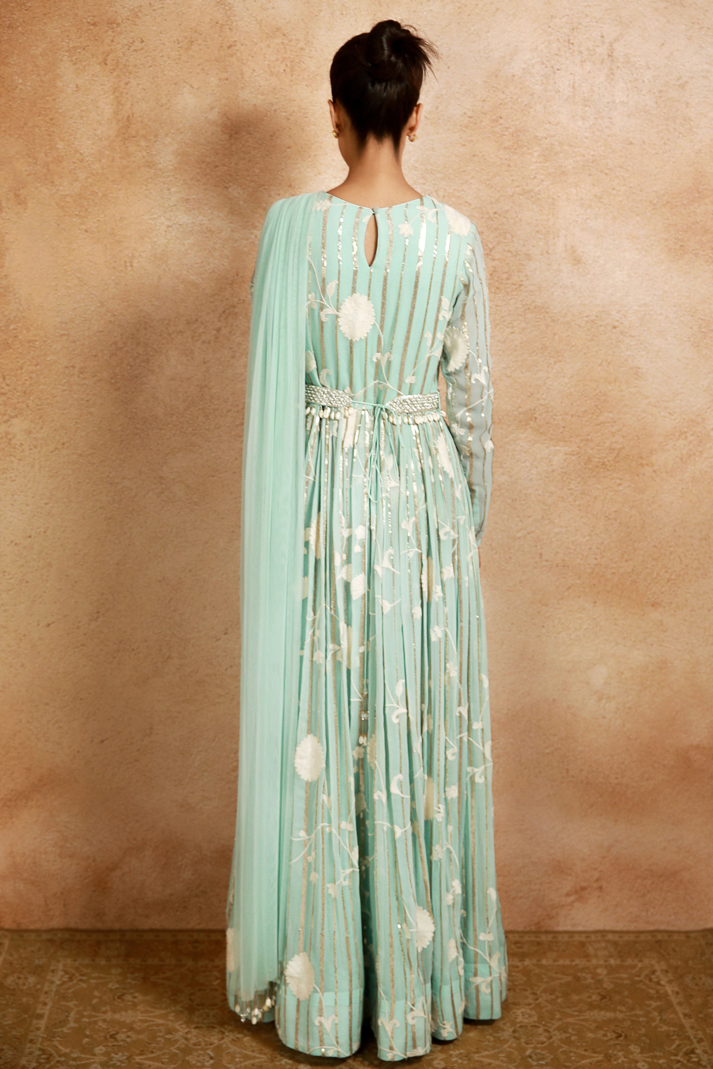 Aqua Blue Anarkali With Attached Dupatta