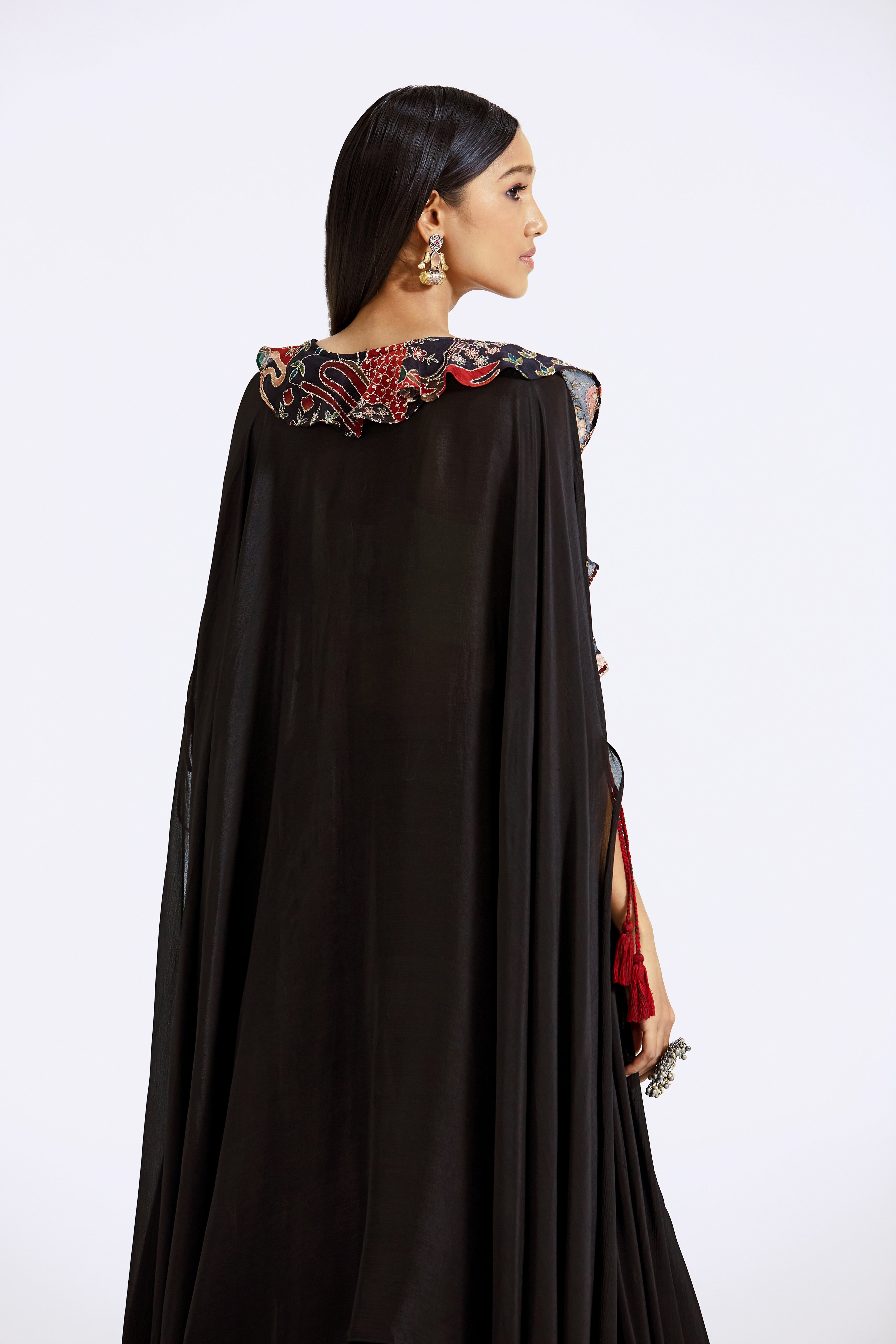 Black Cape Set with Applique Embroidery