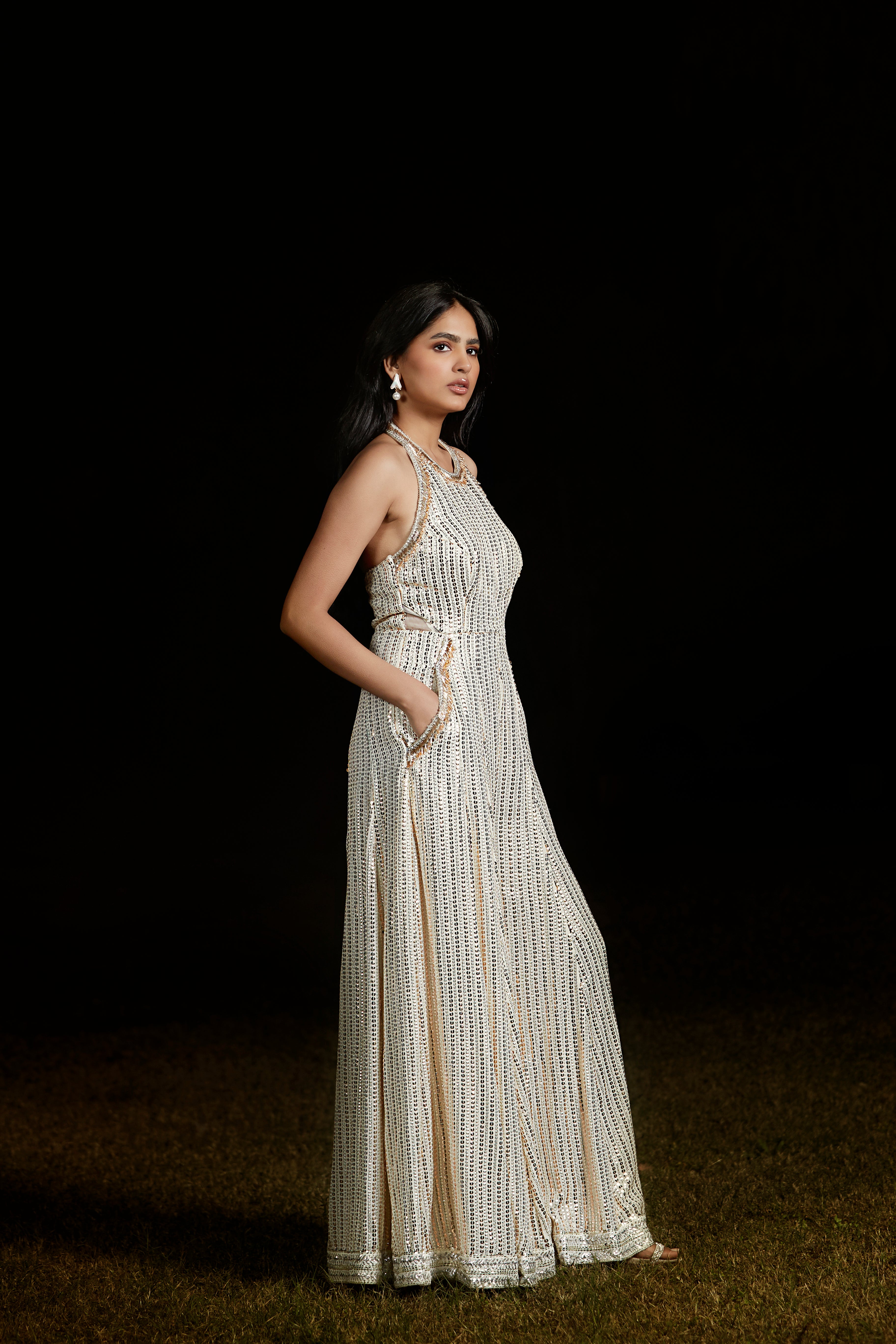 Ivory Sequins Jumpsuit With Pockets