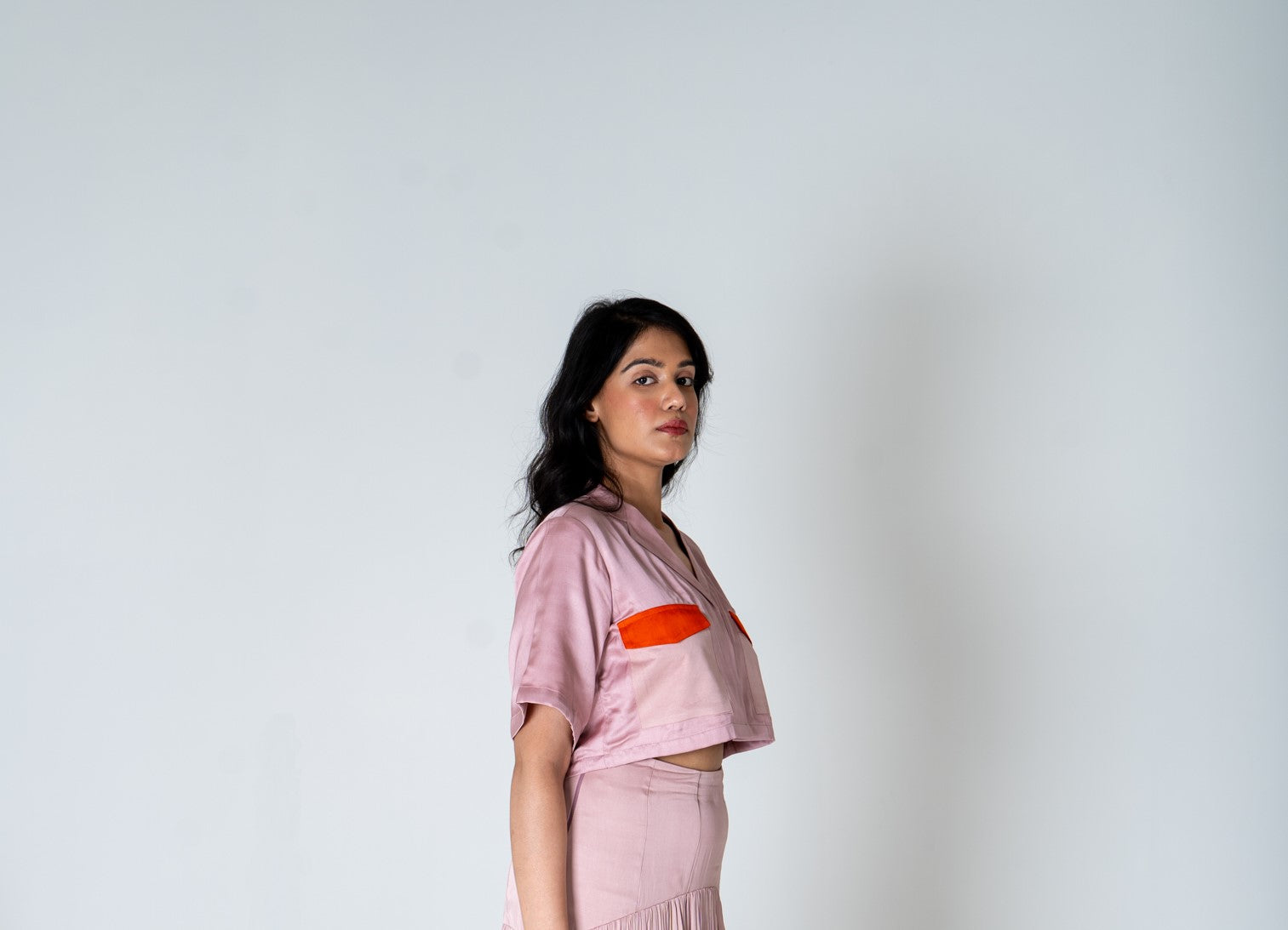 Pink-Orange Color-Blocked Crop top