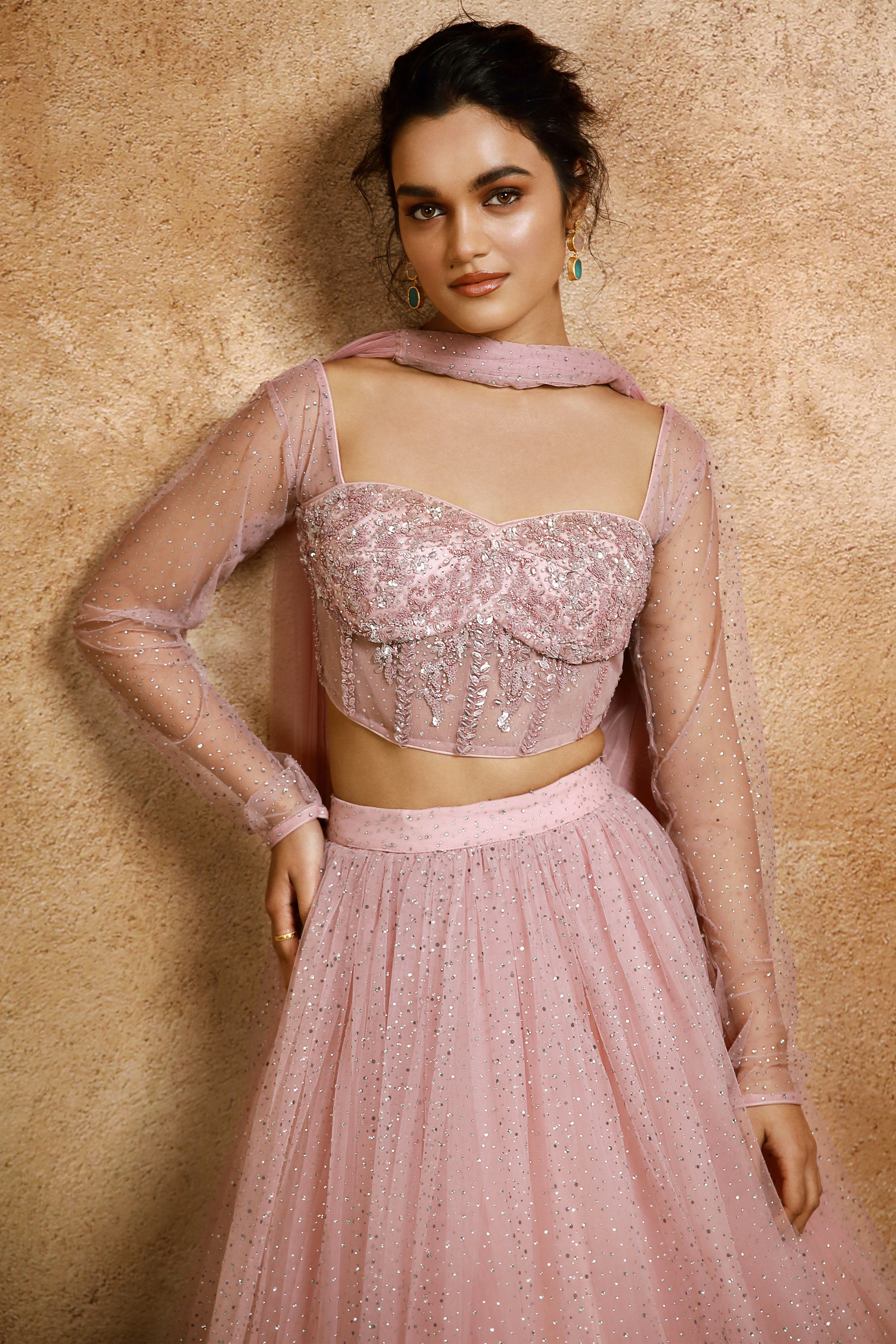 Pink Lehenga With Hand-Embroidered Corset Blouse